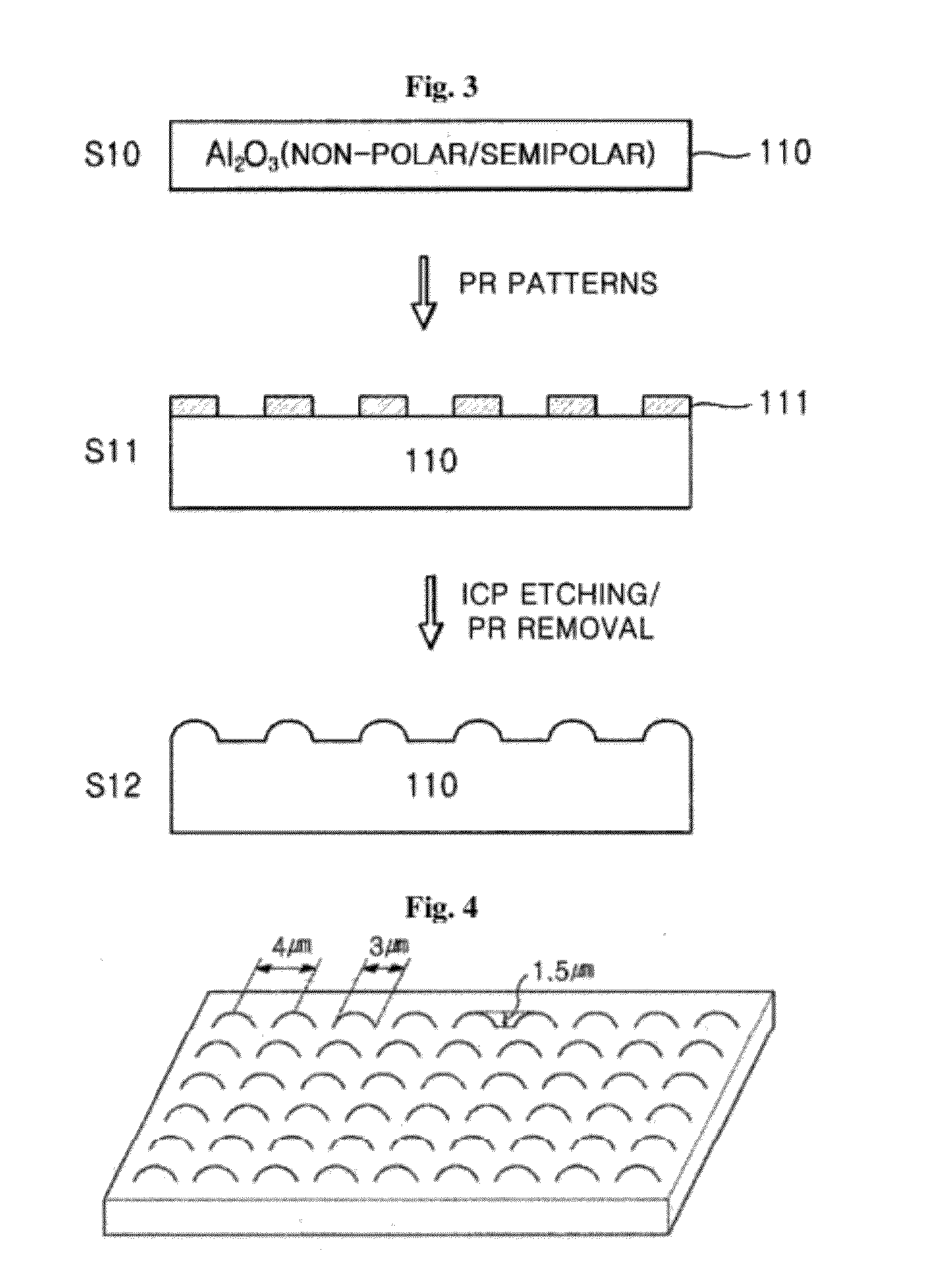 High-quality non-polar/semi-polar semiconductor element on an unevenly patterned substrate and a production method therefor