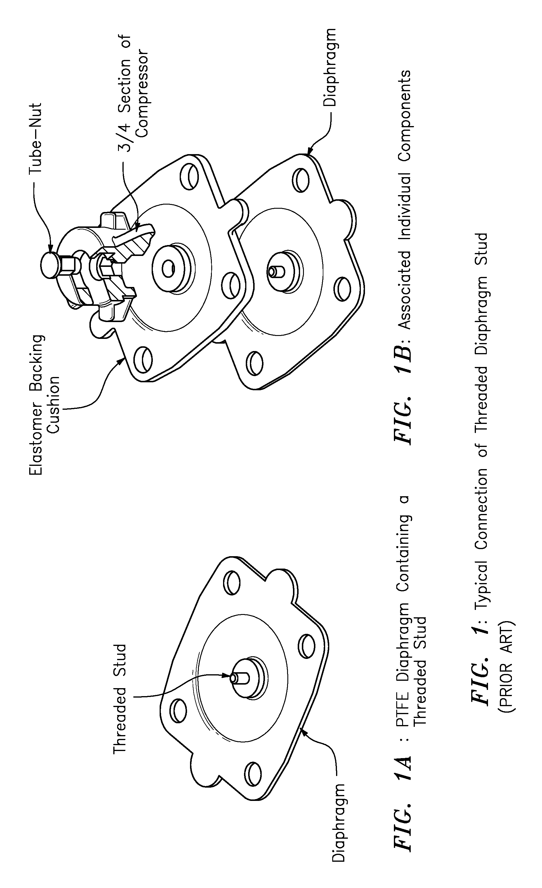 Valve having at least one hourglass studs for coupling to diaphragm and compressor/spindle components