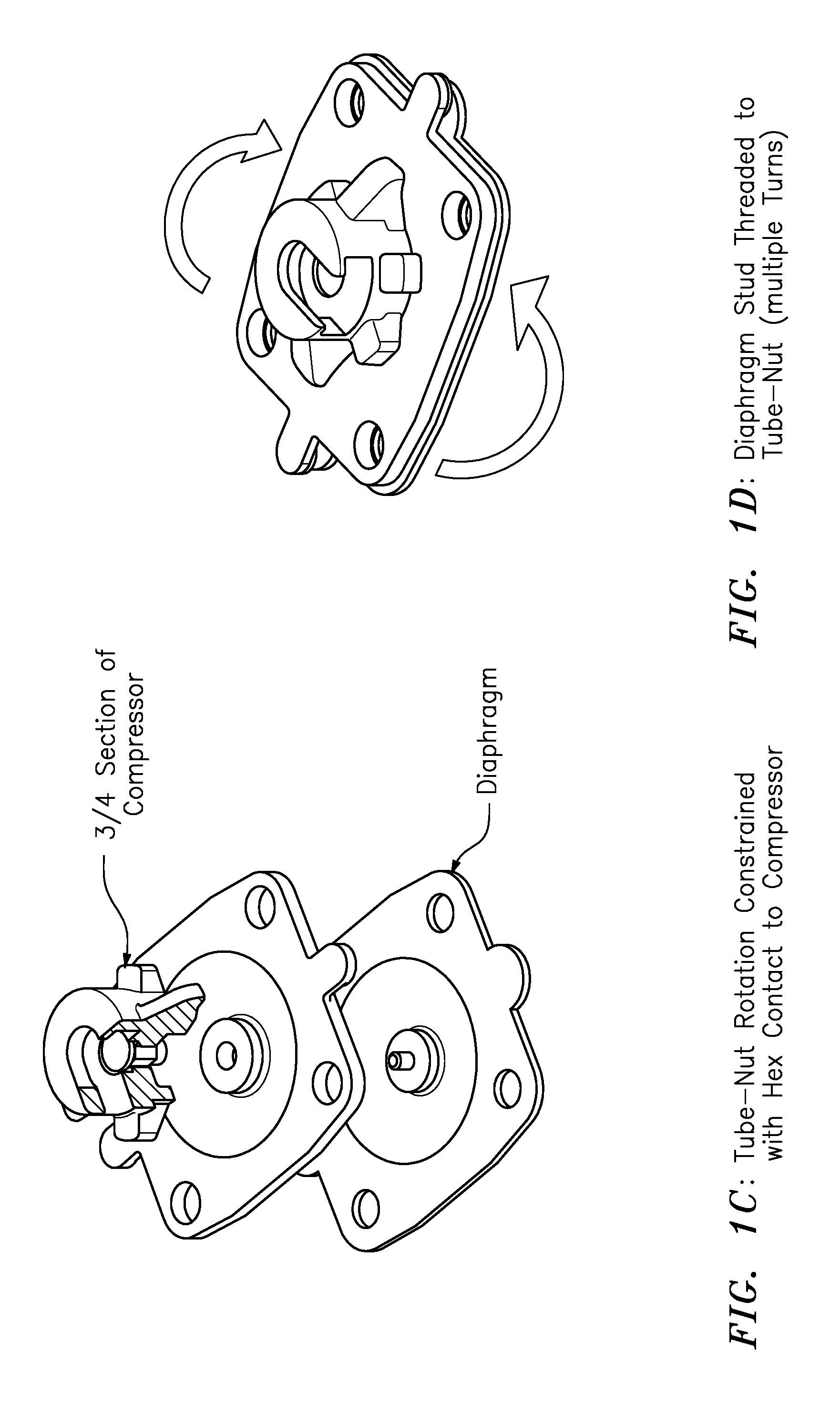 Valve having at least one hourglass studs for coupling to diaphragm and compressor/spindle components