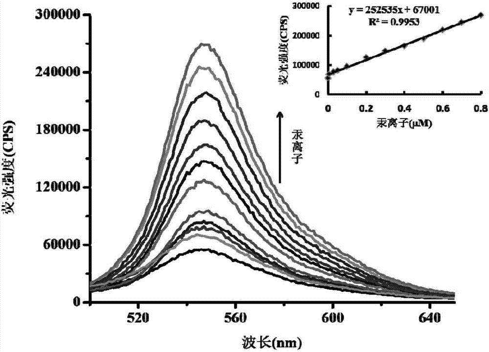 Colorimetric fluorescent probe for supersensitive analysis of mercury ions and preparation method thereof