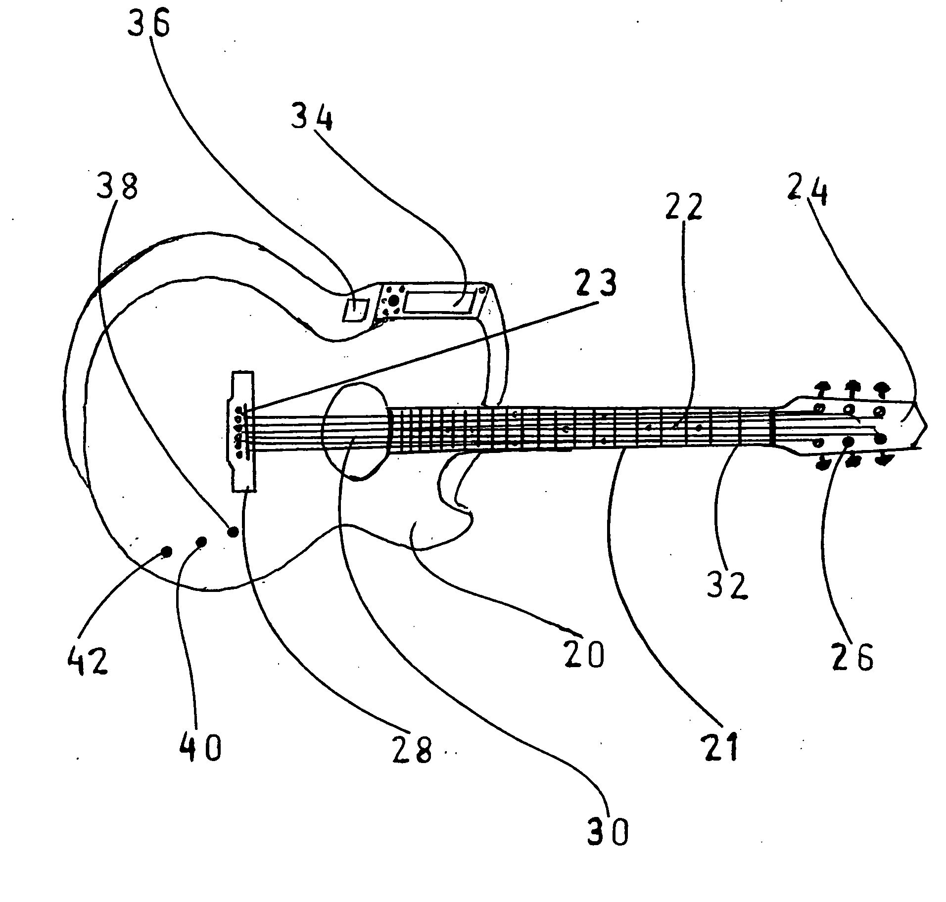 Stringed musical instrument having a built in hand-held type computer