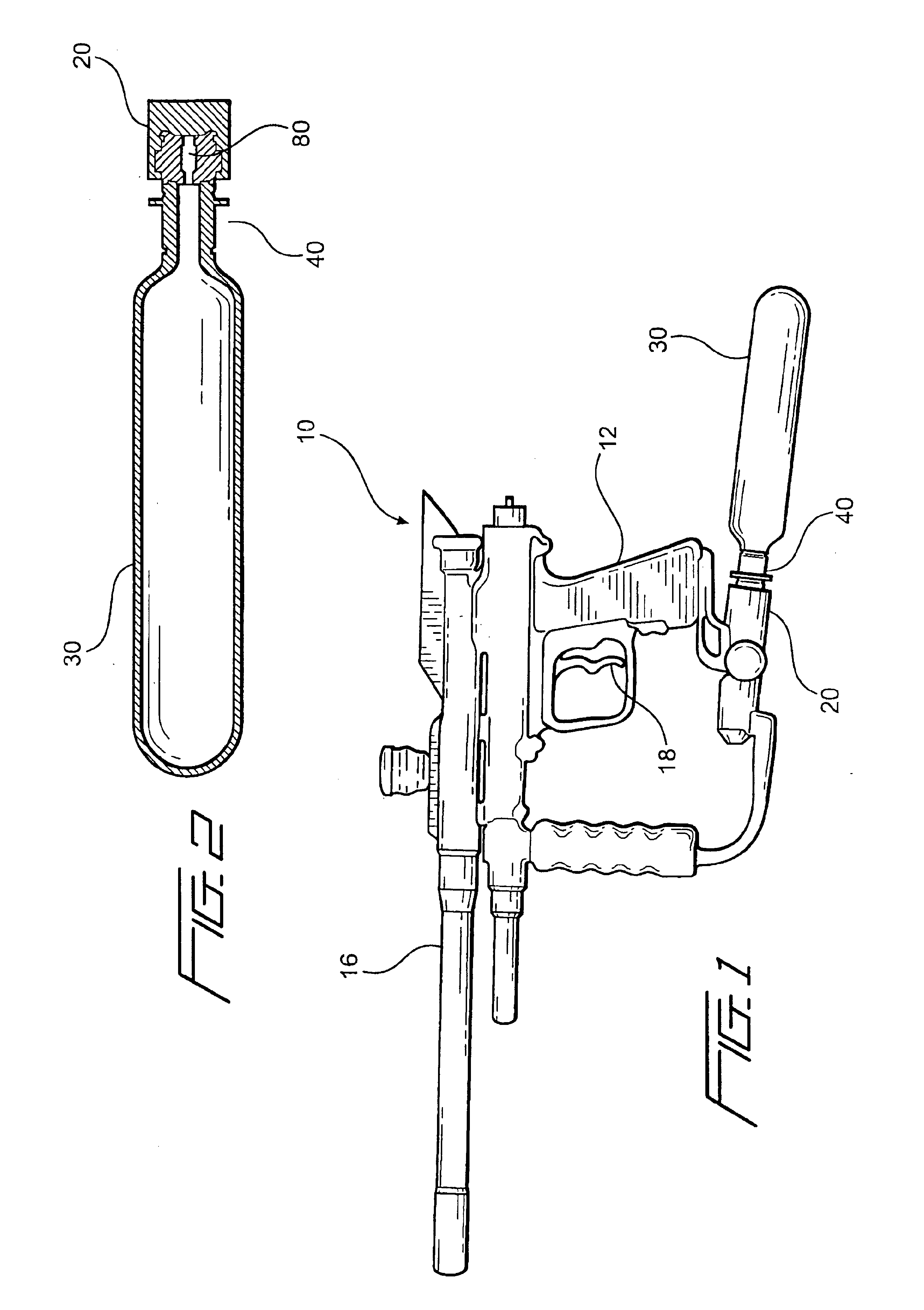 Adapter assembly with floating pin for operably connecting pressurized bottle to a paintball marker