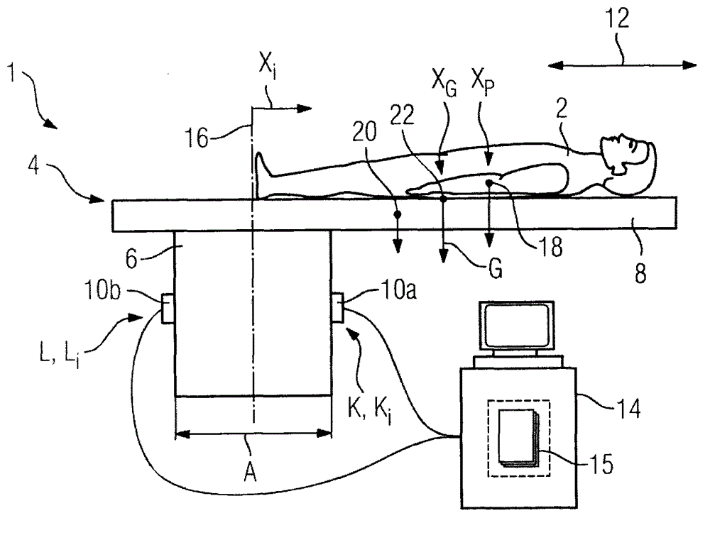 Method for determining of mass of patient through patient table and device having patient table