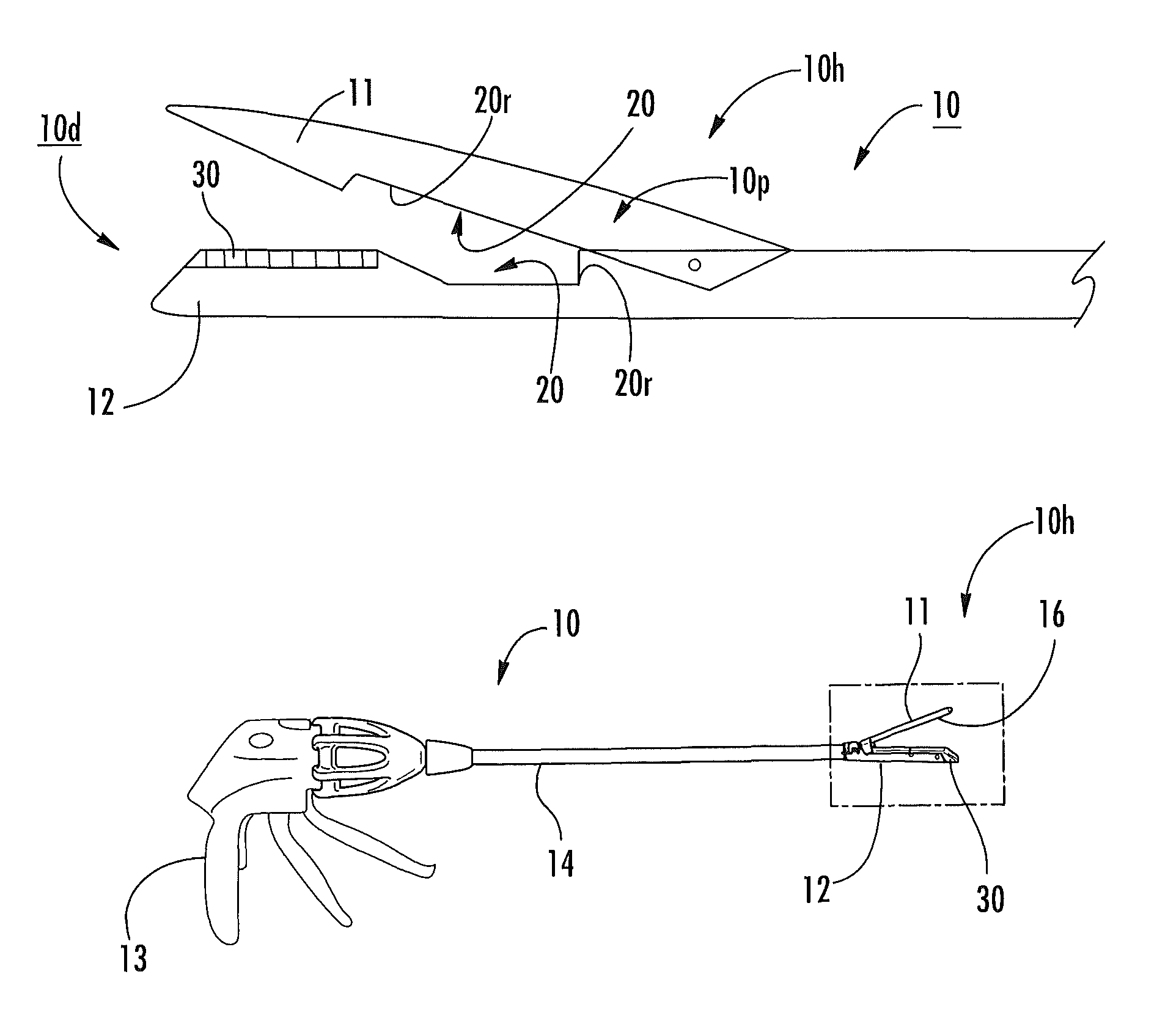 Surgical staplers with tissue protection and related methods