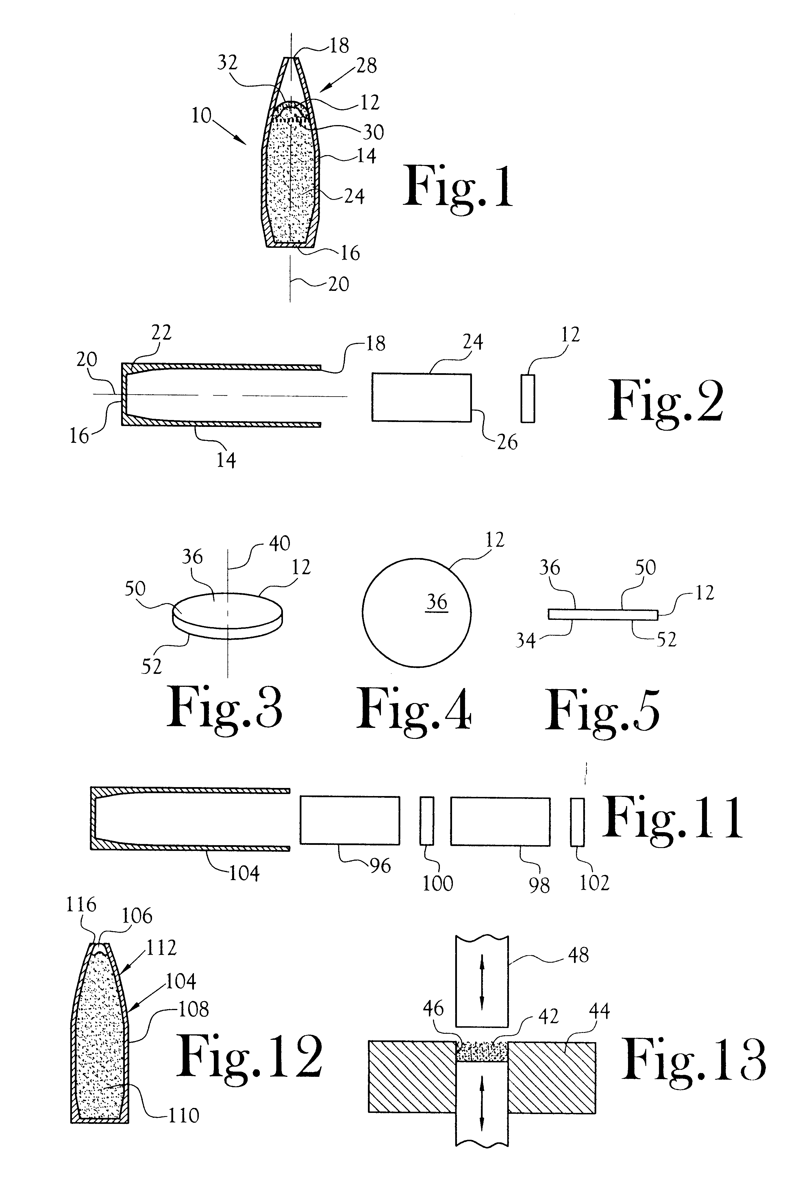 Powder-based disc for gun ammunition having a projectile which includes a frangible powder-based core disposed within a metallic jacket