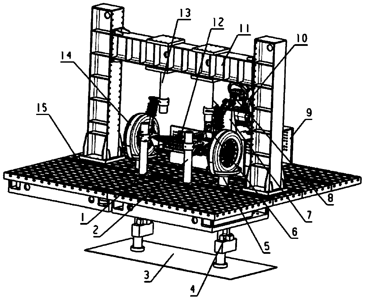 A comprehensive fatigue durability test device and method for a non-driven front suspension assembly