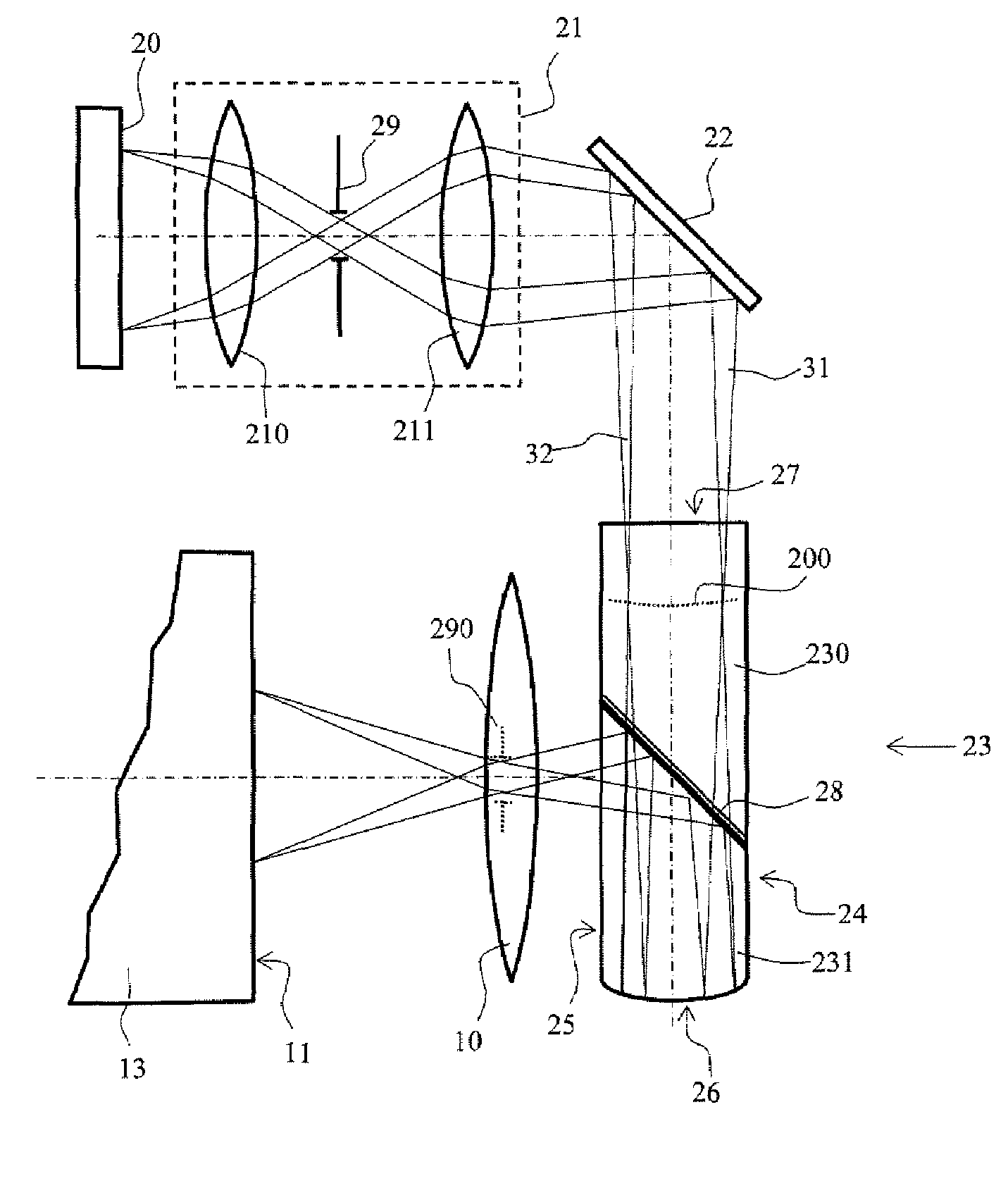 Optical device for superposing electronic images in front of an objective
