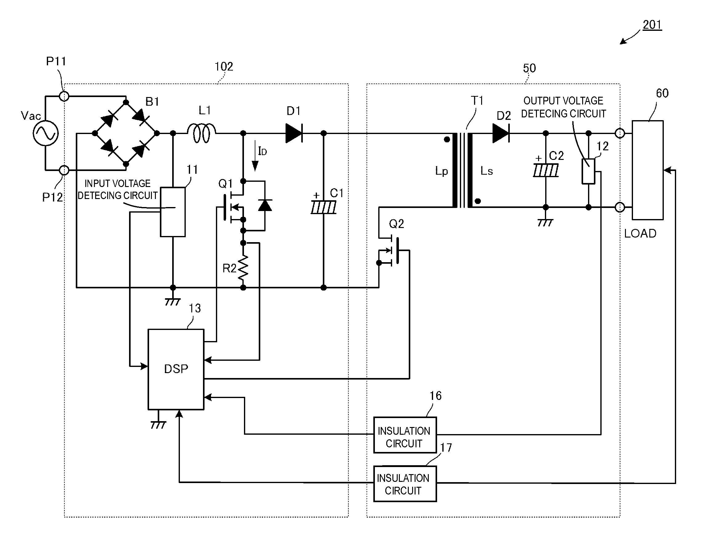 Power factor correction converter including input current detecting circuit
