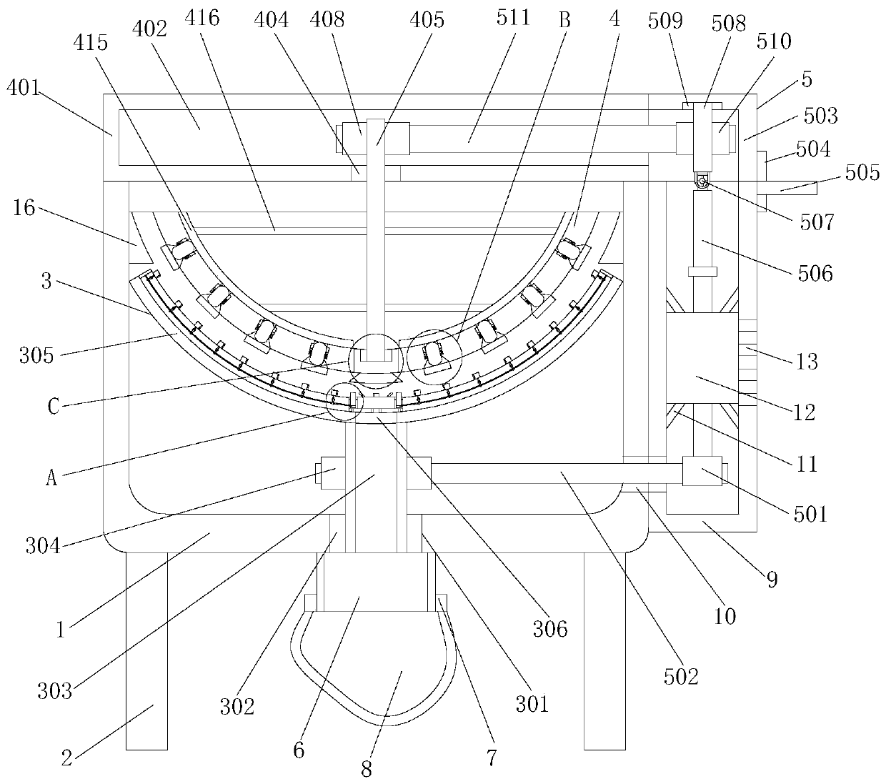 A multi-station pot bottom carbon ash brushing device for rhythmic rhythmic ash discharge