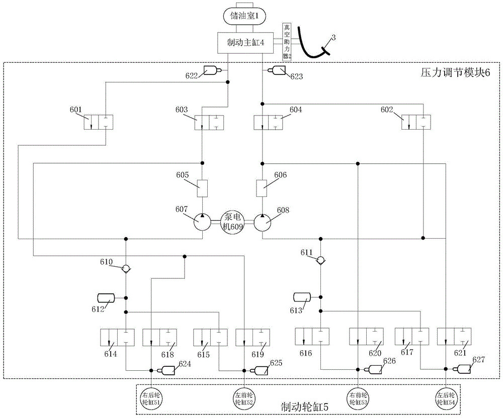 Hydraulic braking system with energy feedback and esp function and its control method