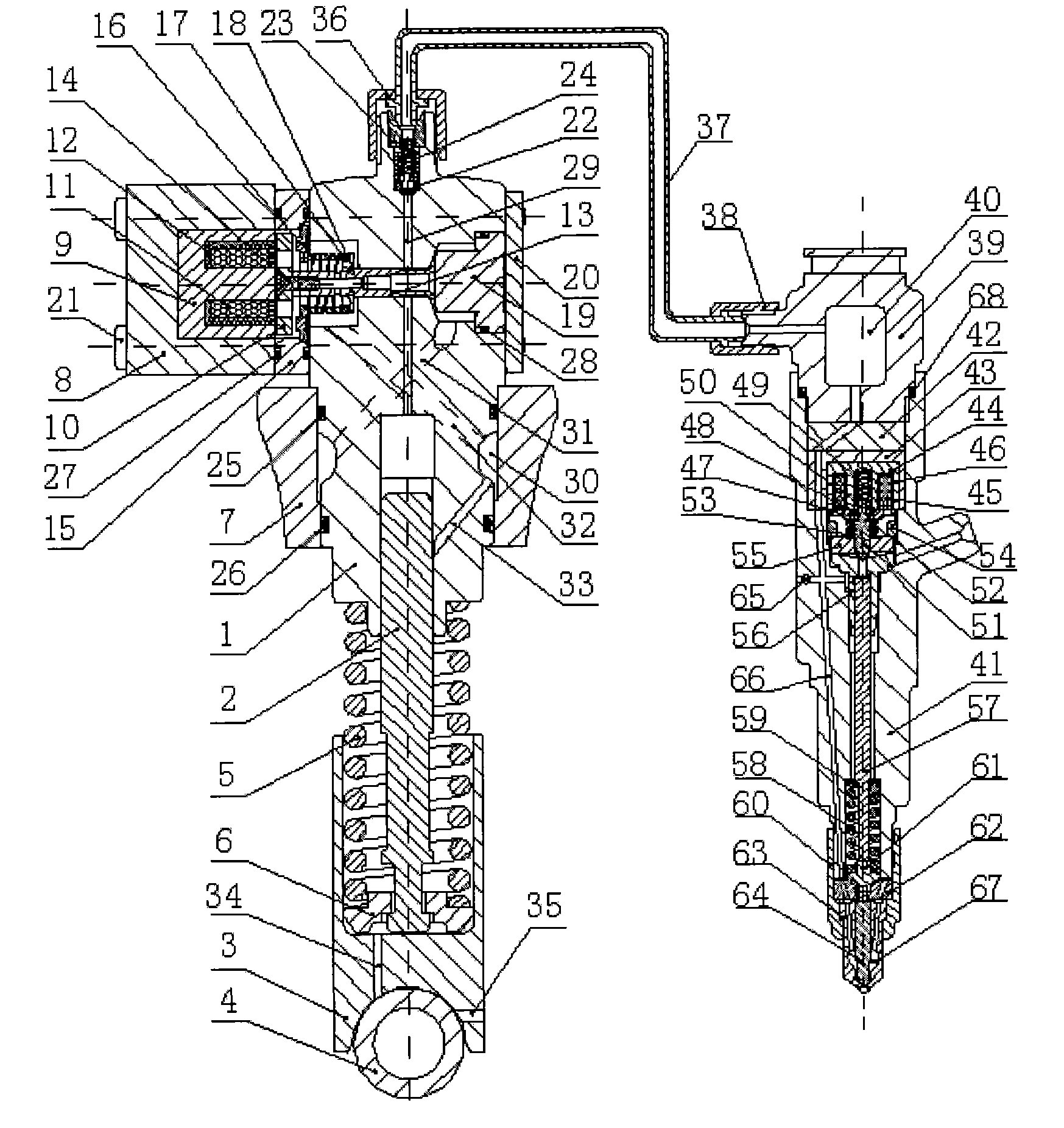 Double-valve fuel injecting device with electric-control monoblock pump and electric-control fuel injector