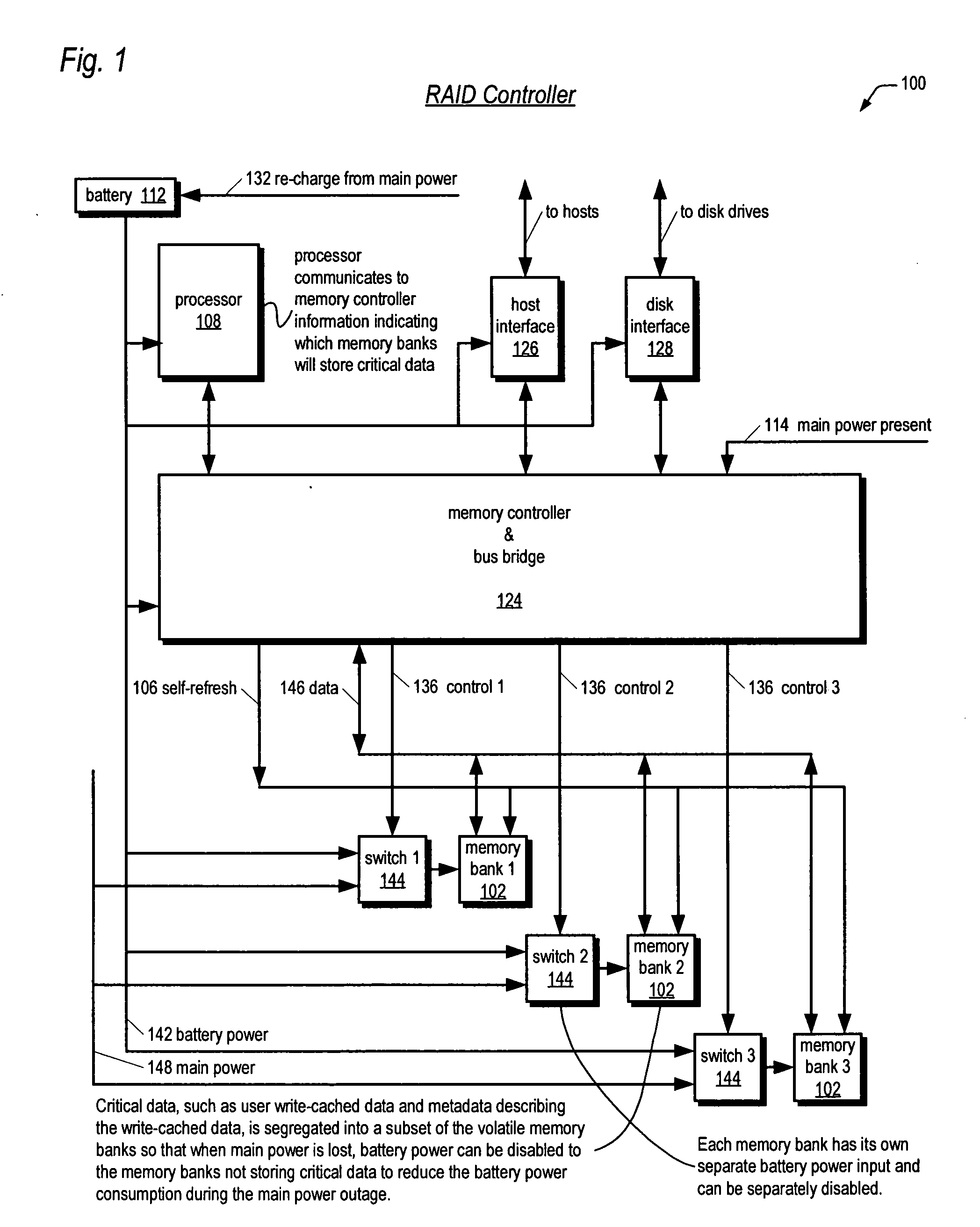 Mass storage controller with apparatus and method for extending battery backup time by selectively providing battery power to volatile memory banks not storing critical data