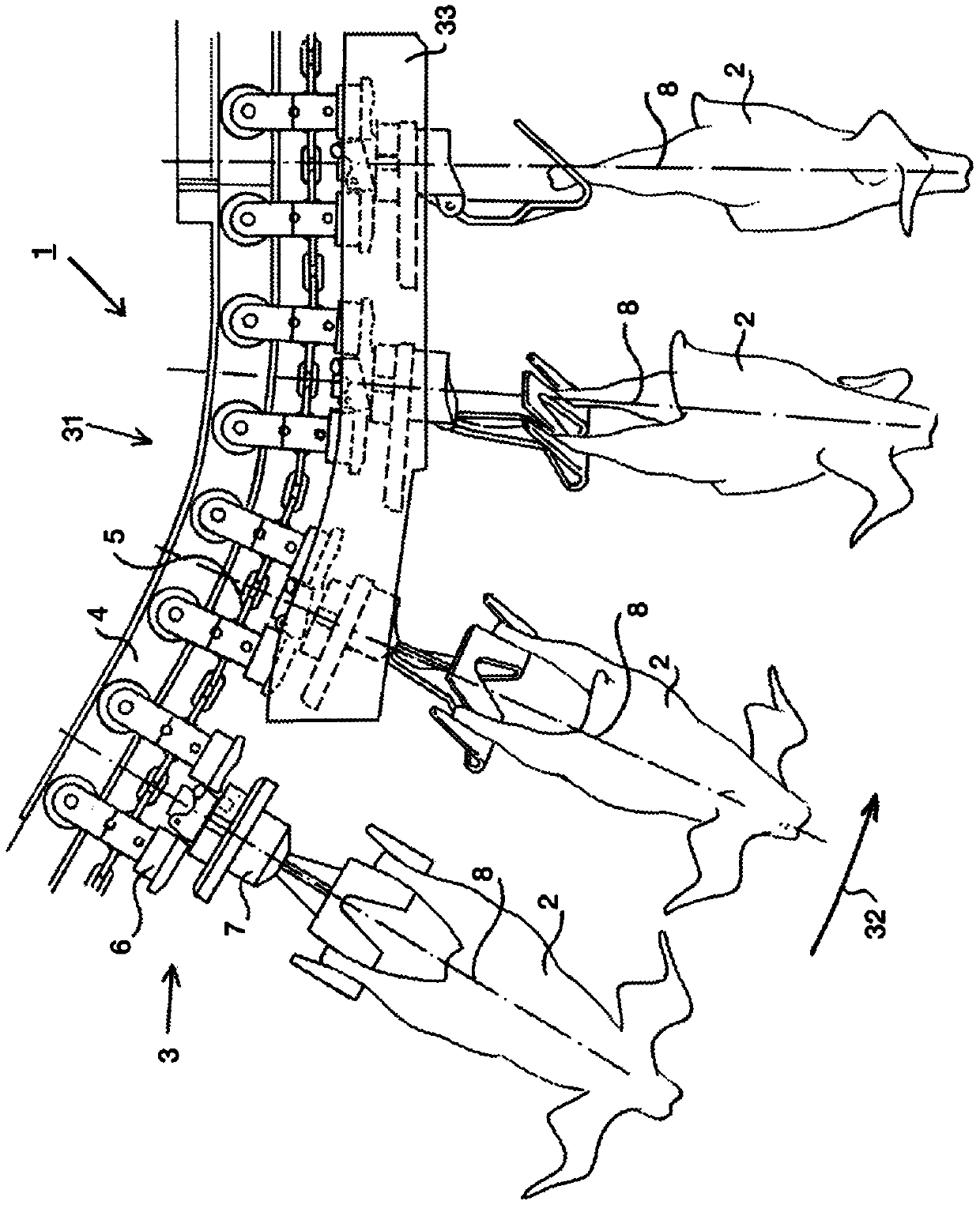 Apparatus and method for changing the orientation of slaughtered products