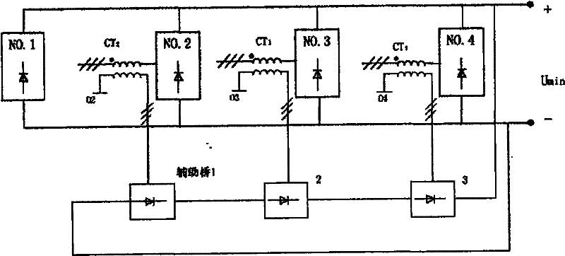 Three-phase rectifier for realizing current distribution by utilizing auxiliary bridge feedback