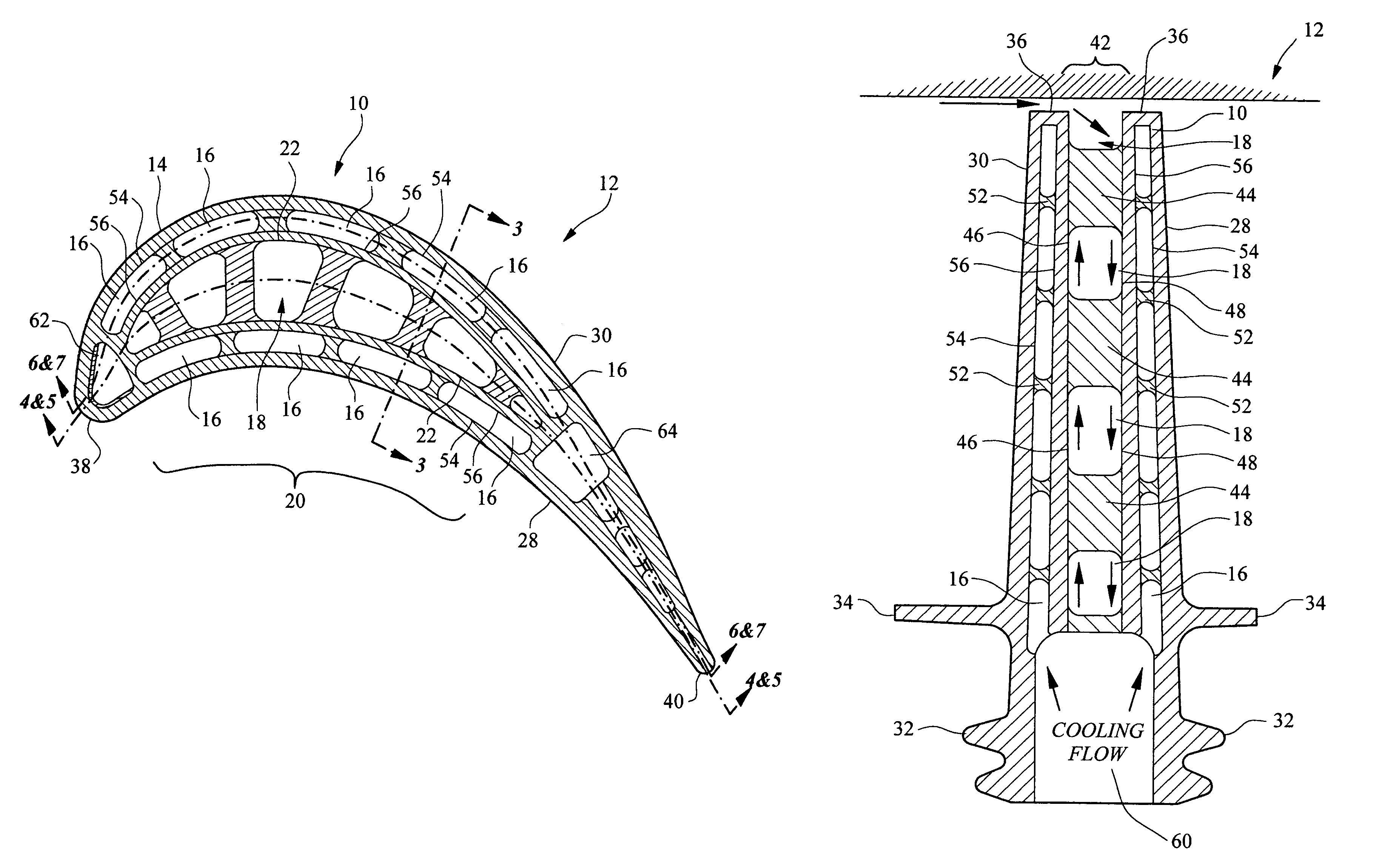 Turbine airfoil with outer wall cooling system and inner mid-chord hot gas receiving cavity