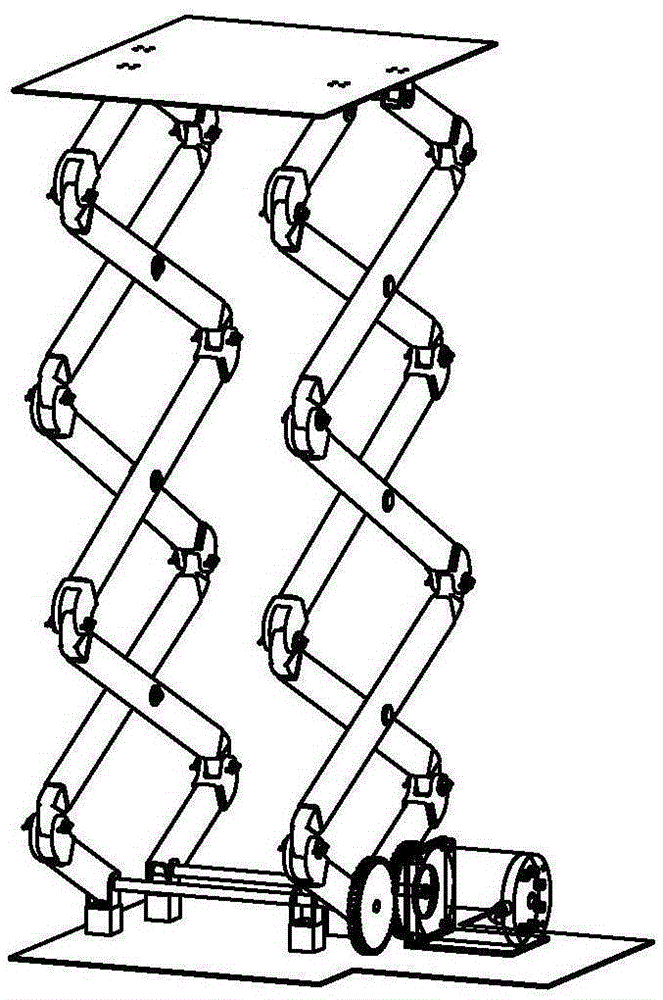 Shear-fork type lifting platform with wheel train transmission