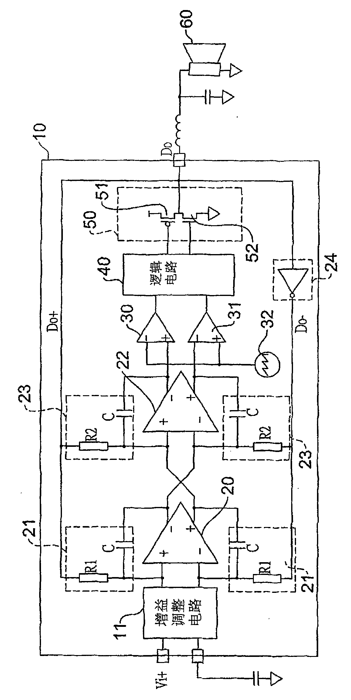 Ended output type D-class amplifier of double-feedback differential circuit