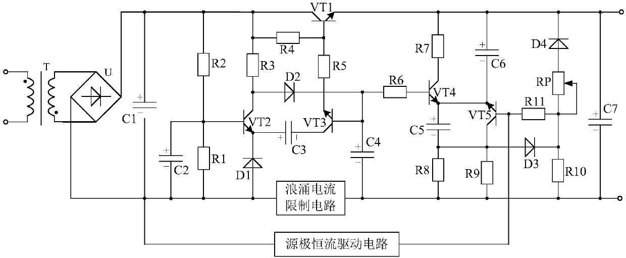 Soft start current stabilization circuit based on surge current limiting circuit