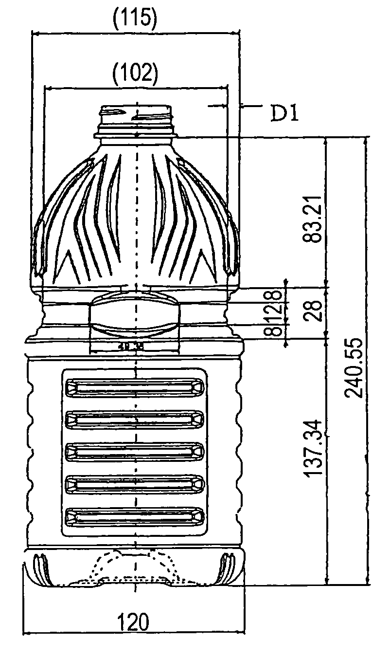 Large bottle-shaped container having substantially rectangular cross section