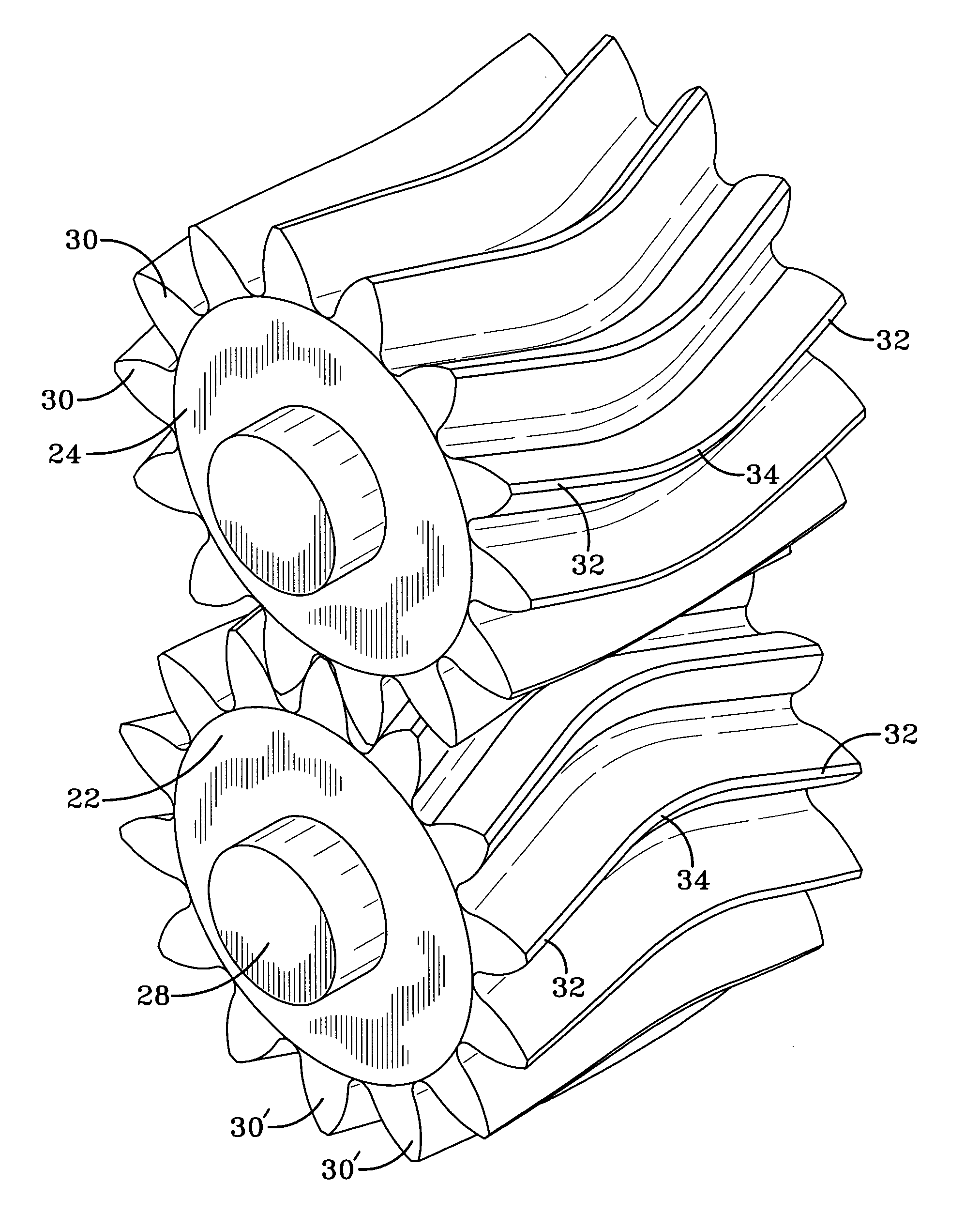 Gear pump with gears having curved teeth and method of feeding elastomeric material