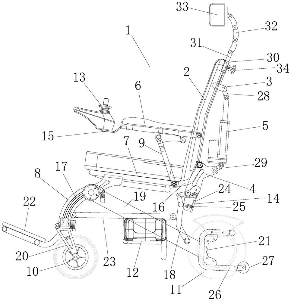 Hydraulic electric wheelchair with reclining backrest