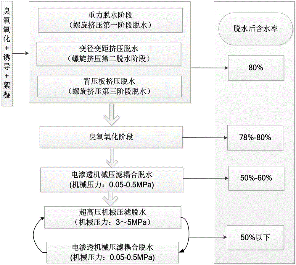 Oxidization, electric osmosis and mechanical filter pressing based sewage sludge co-dehydration device