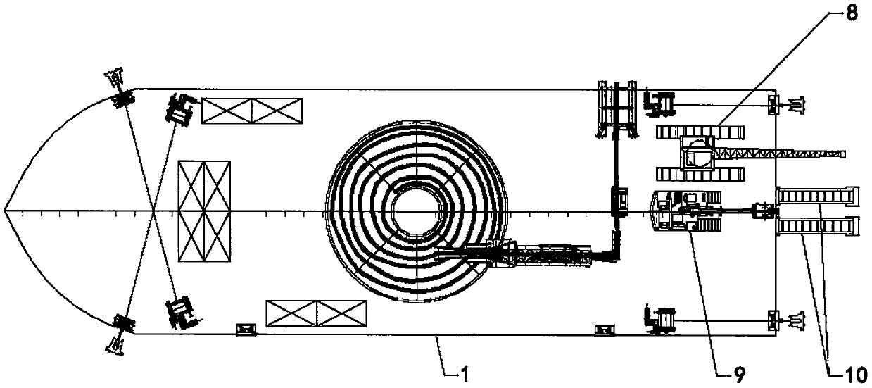 Cable laying ship deck arrangement and construction method for laying long-distance submarine cables in sandbank sections