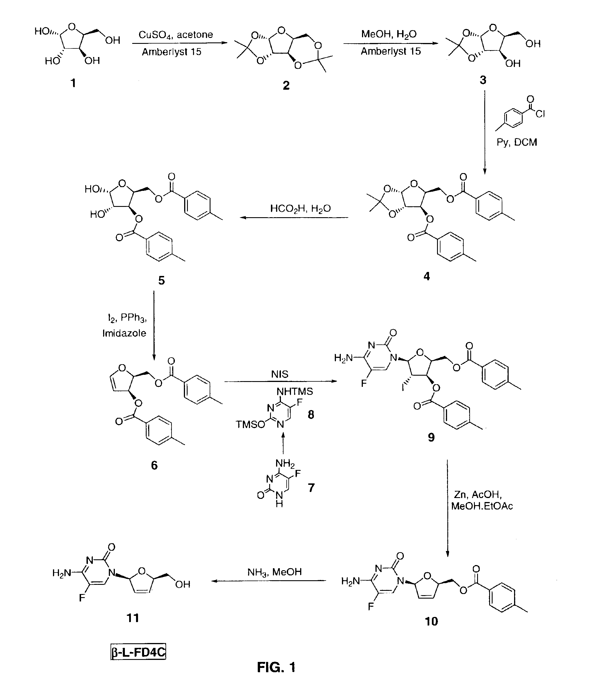 Method for synthesizing β-L-5-fluoro-2′,3′-dideoxy-2′,3′-didehydrocytidine (β-L-FD4C)
