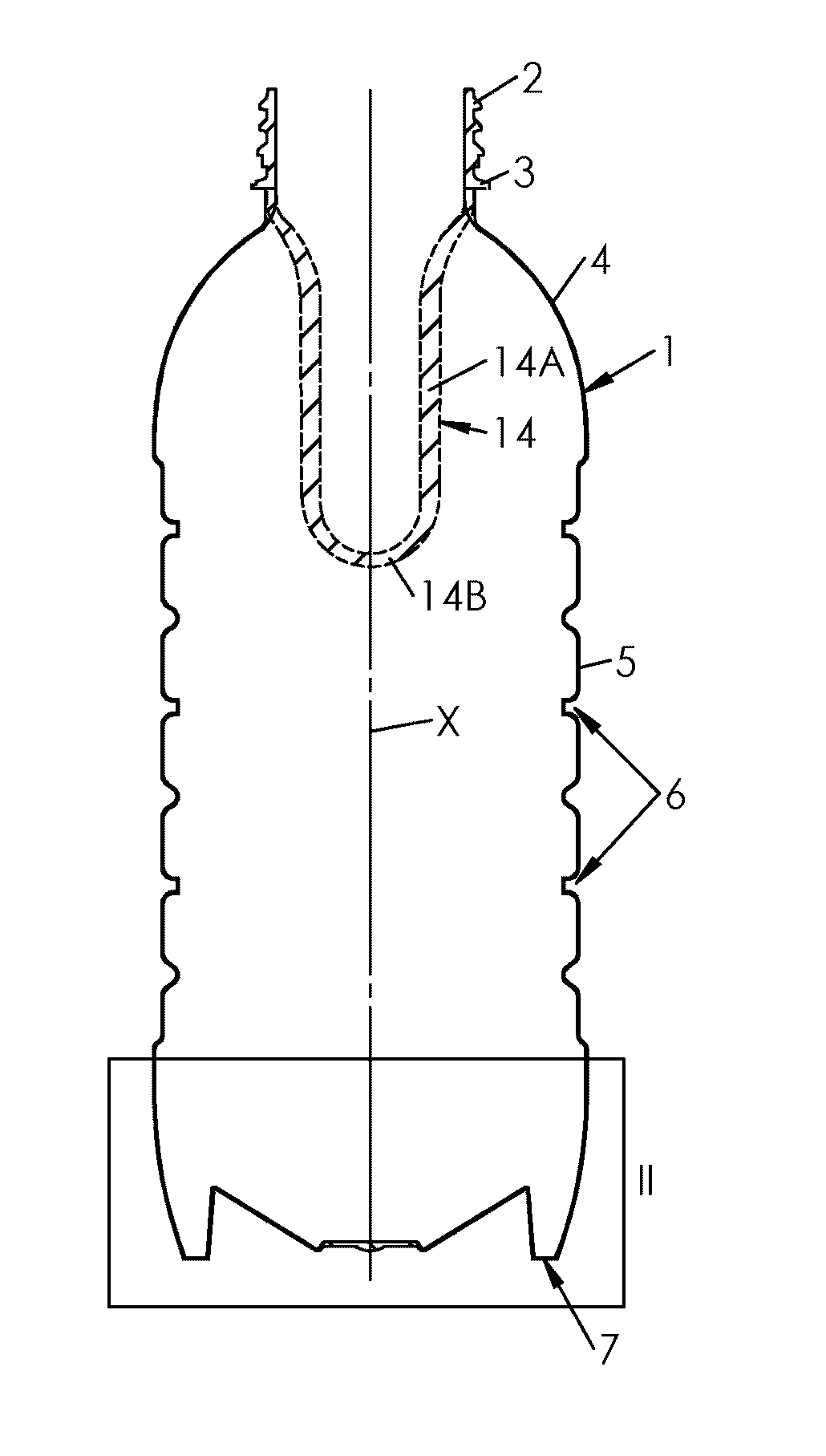 Container provided with an invertible diaphragm and a central portion of greater thickness