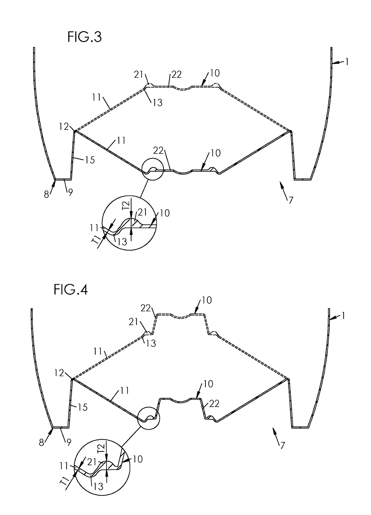 Container provided with an invertible diaphragm and a central portion of greater thickness