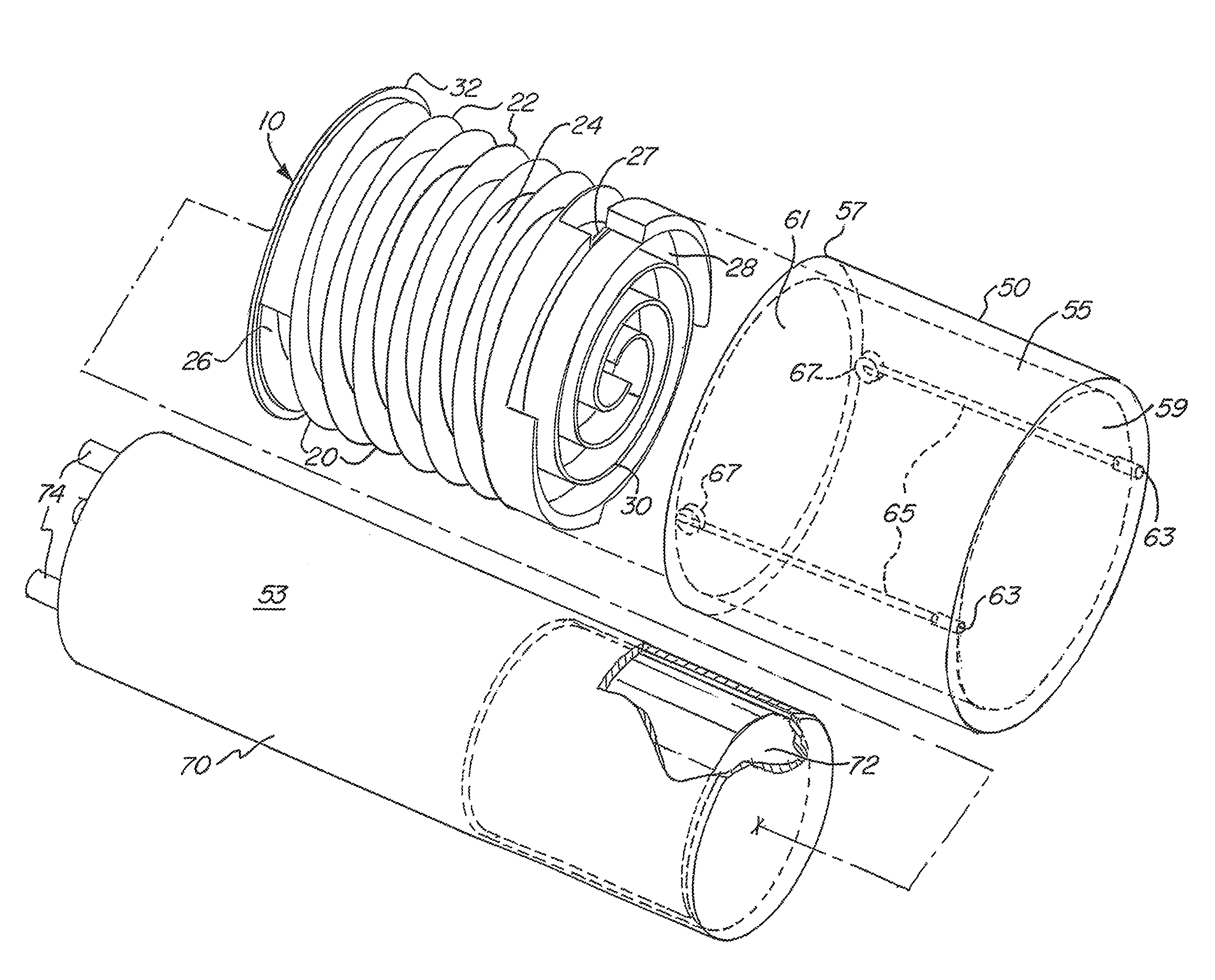 Flowthrough labyrinth device for use in detection of radiation in fluids and method of using same