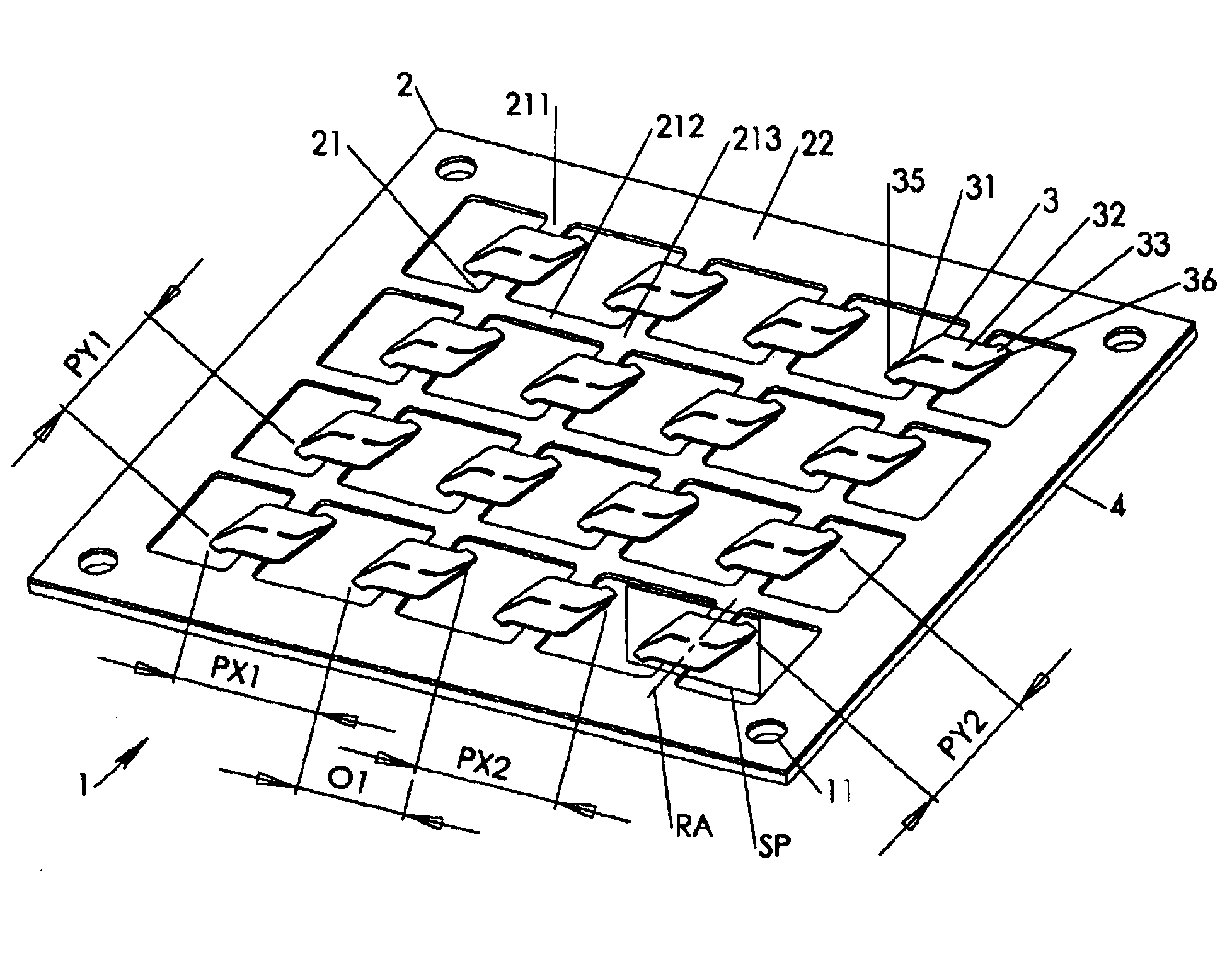 See-saw interconnect assembly with dielectric carrier grid providing spring suspension