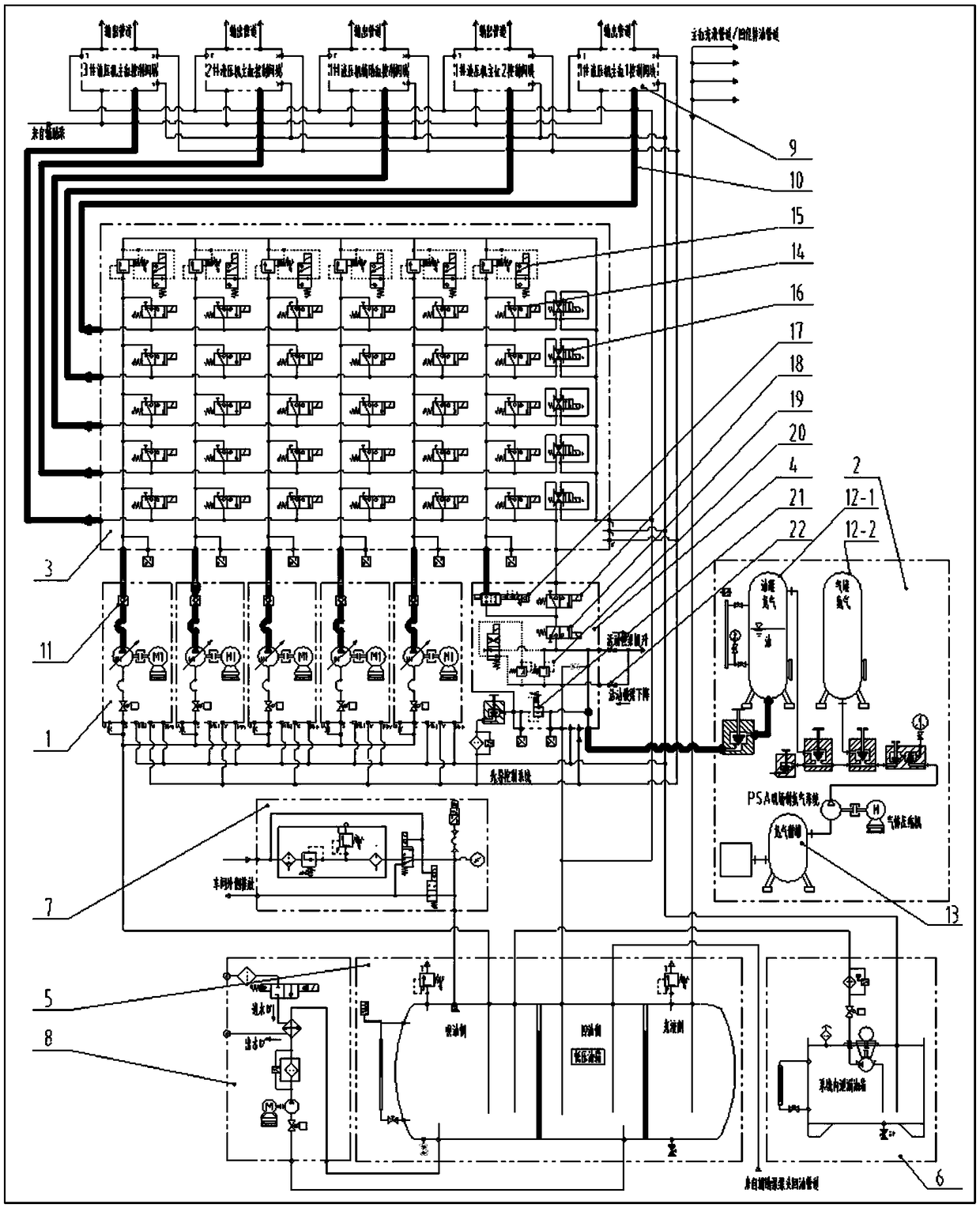 Large-scale die-forging hydraulic press hybrid power hydraulic transmission system and method