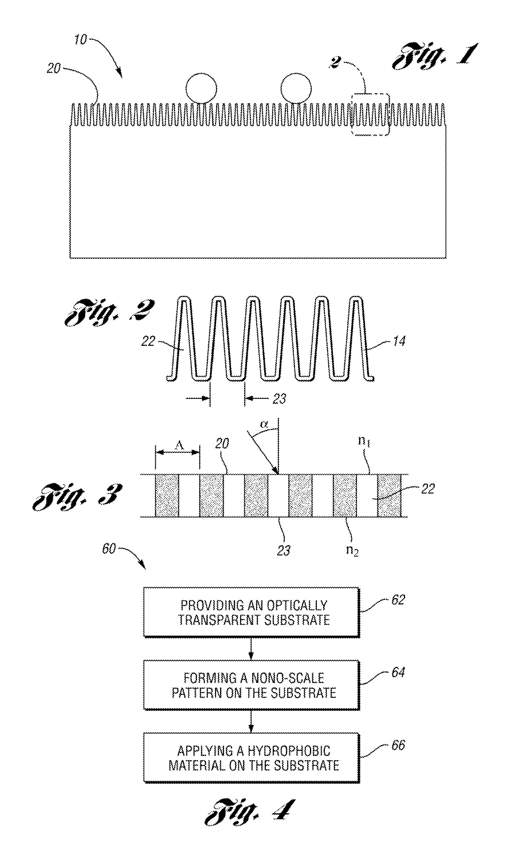 Transparent hydrophobic article having self-cleaning and liquid repellant features and method of fabricating same