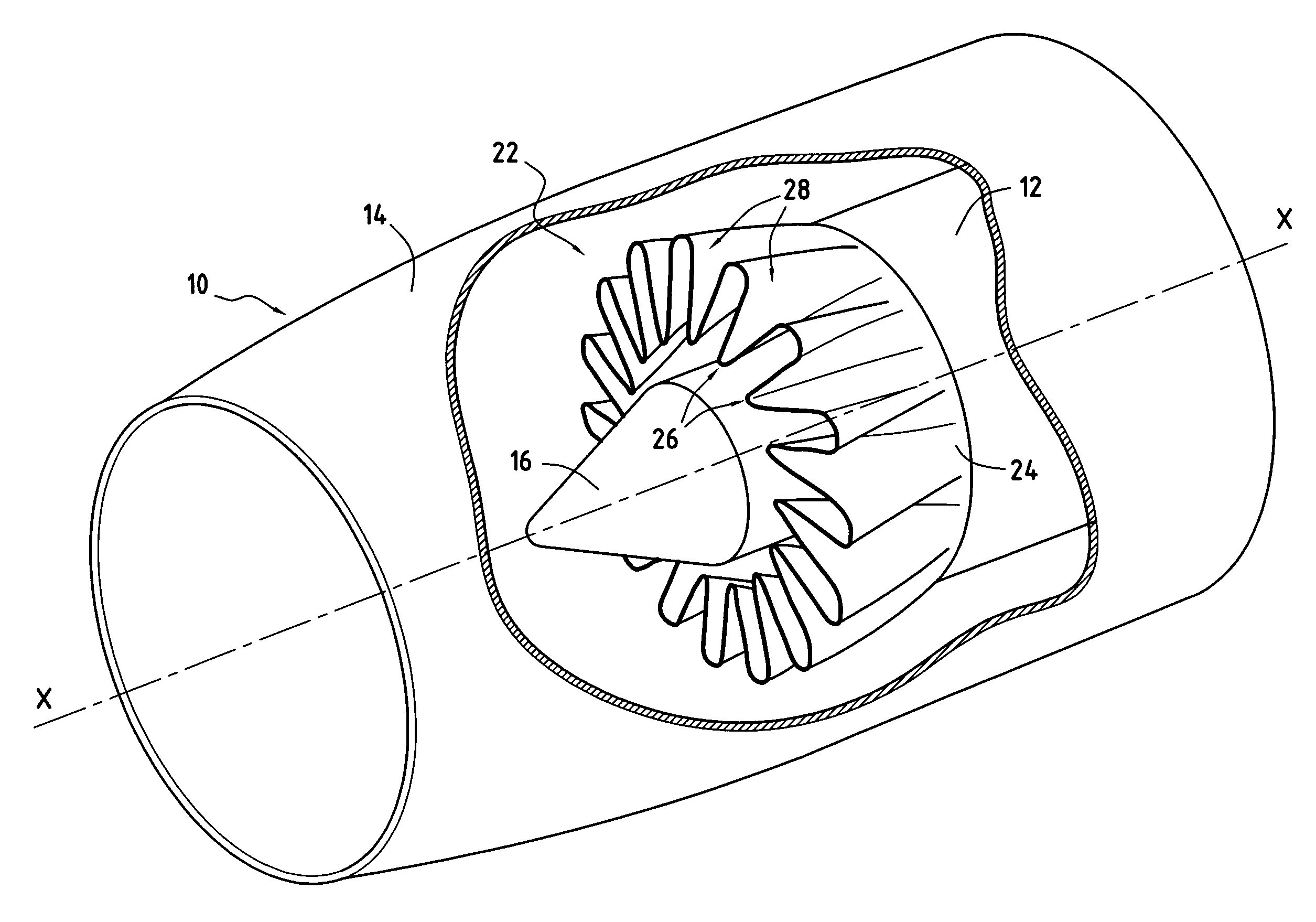 Rotary motion mixer for a converging-stream nozzle of a turbomachine