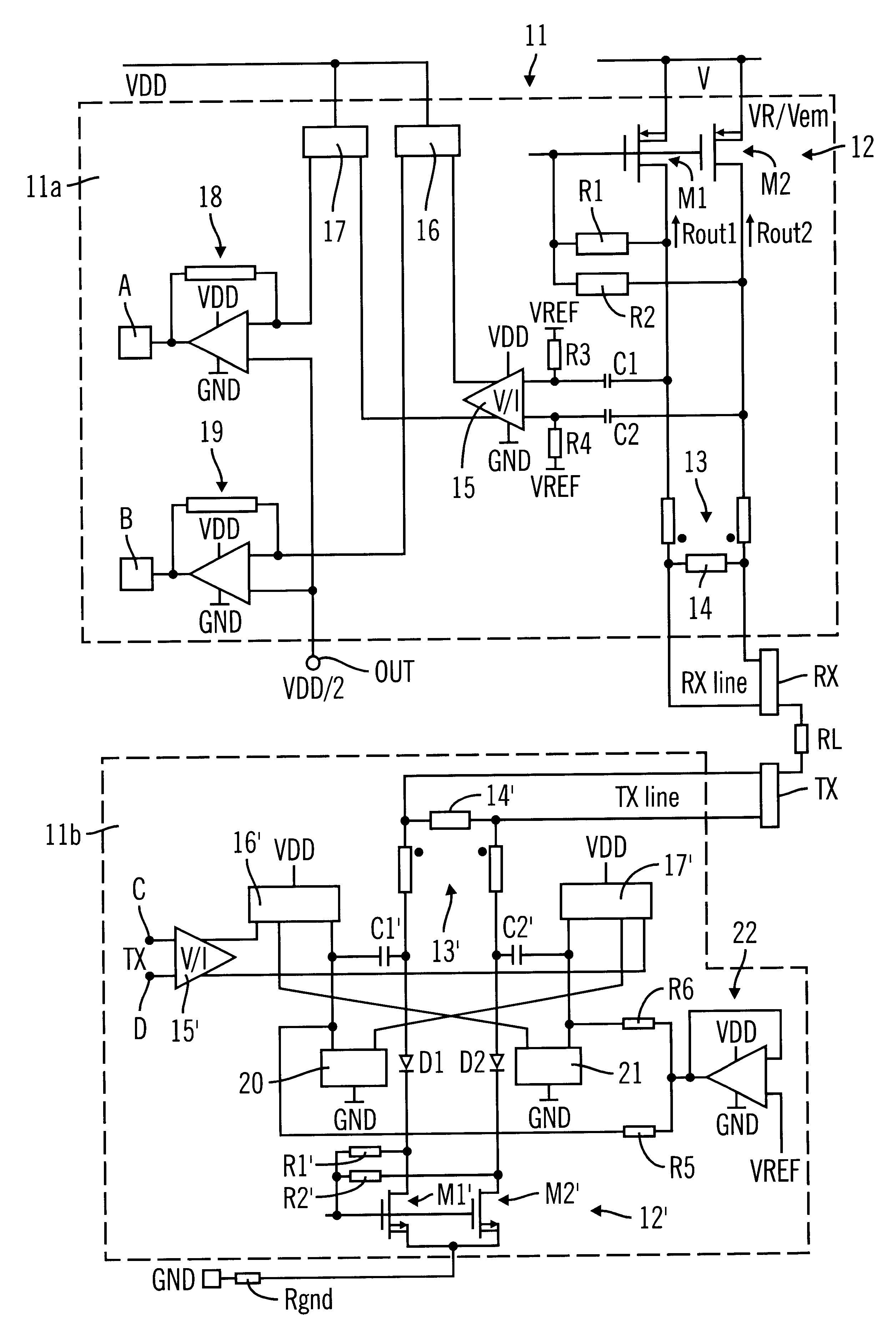 MOS transistors substitute circuit having a transformer/data interface function, particularly for ISDN networks and corresponding control and driving switch configuration