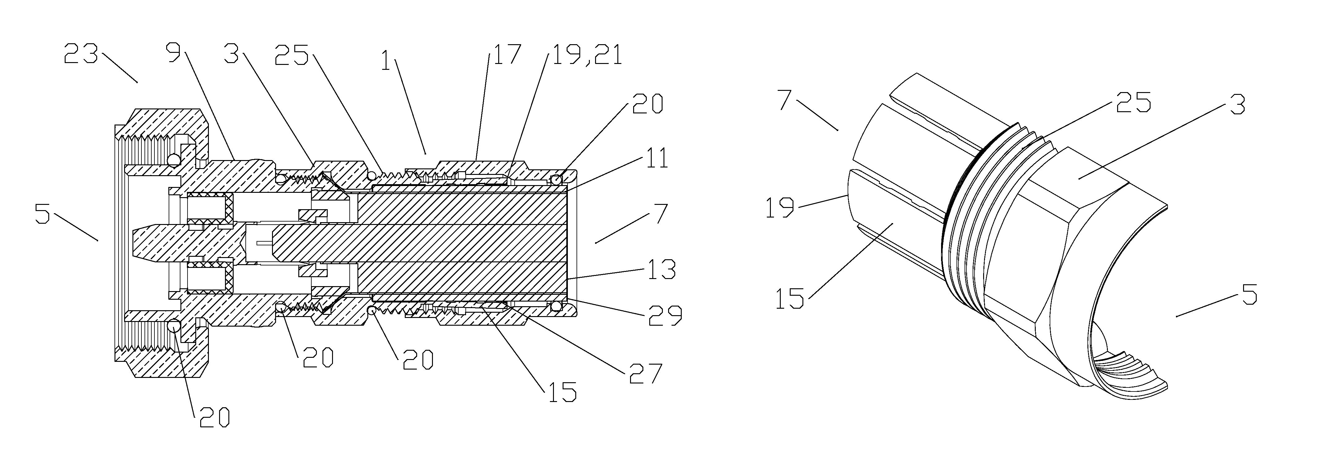 Coaxial connector with a coupling body with grip fingers engaging a wedge of a stabilizing body