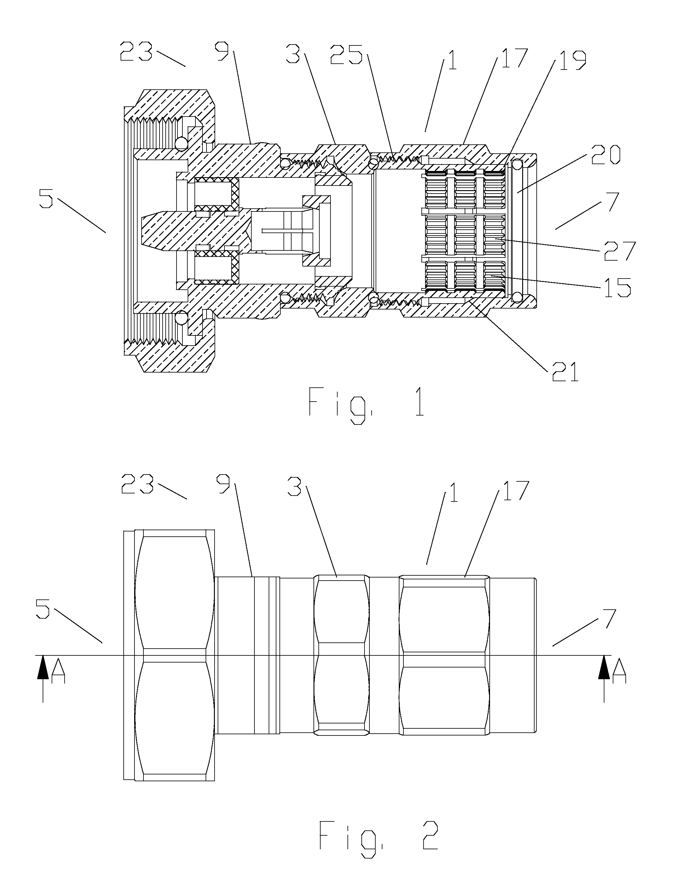 Coaxial connector with a coupling body with grip fingers engaging a wedge of a stabilizing body