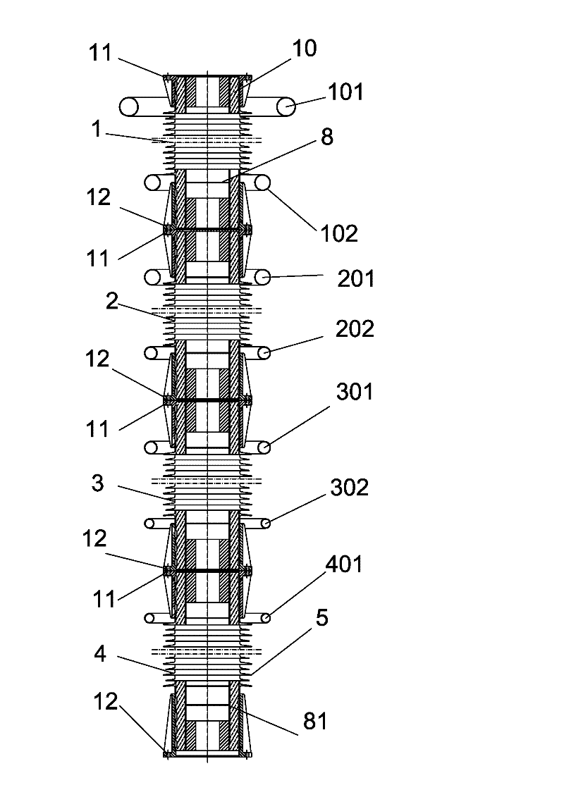 Sectional extra-high-voltage composite post insulator with inner umbrella structure