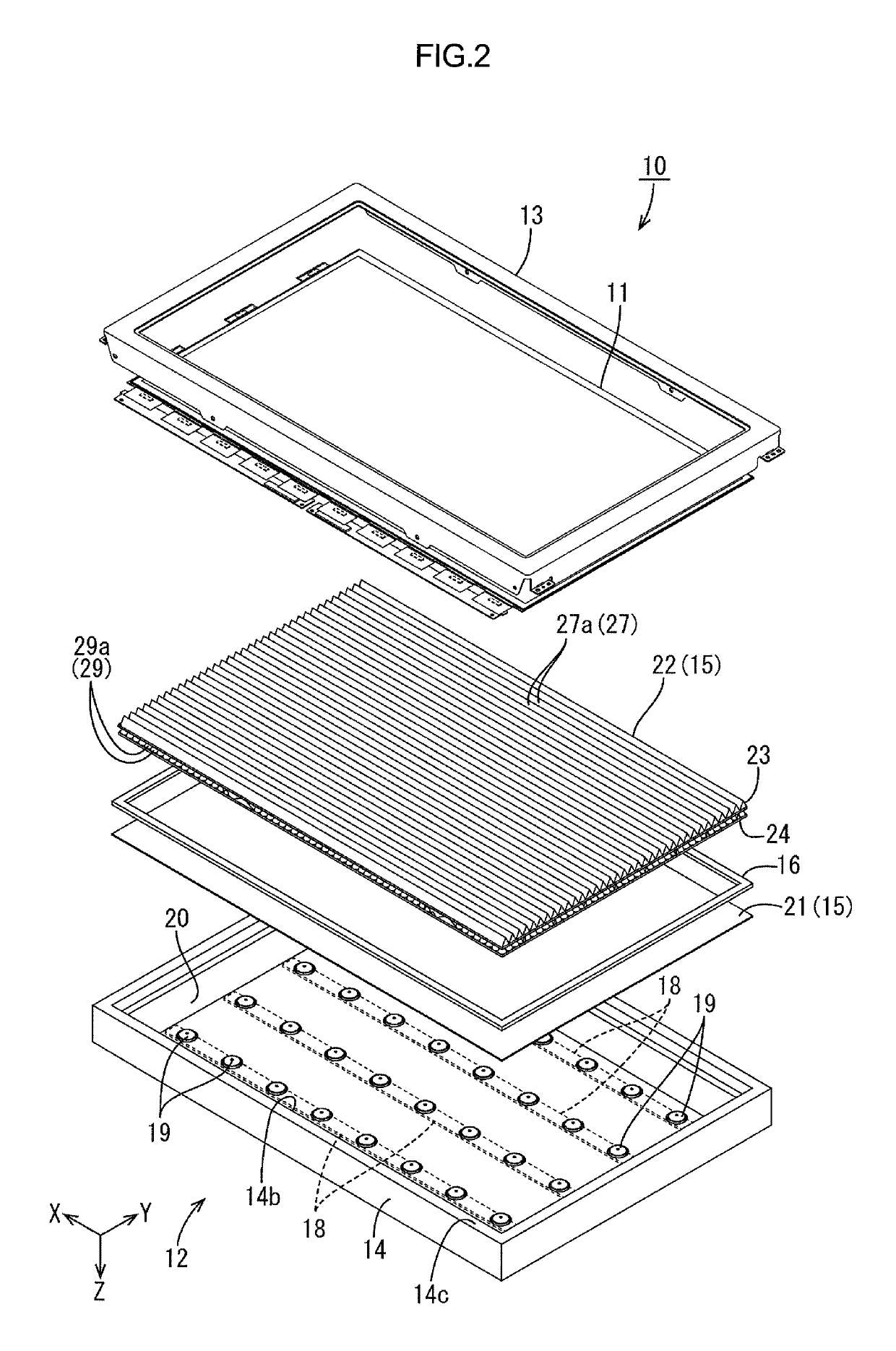 Laminated optical member, lighting device, display device, and television device with spacers defined in linear shapes along a plate surface with axes tilted relative to an arrangement direction of pixels