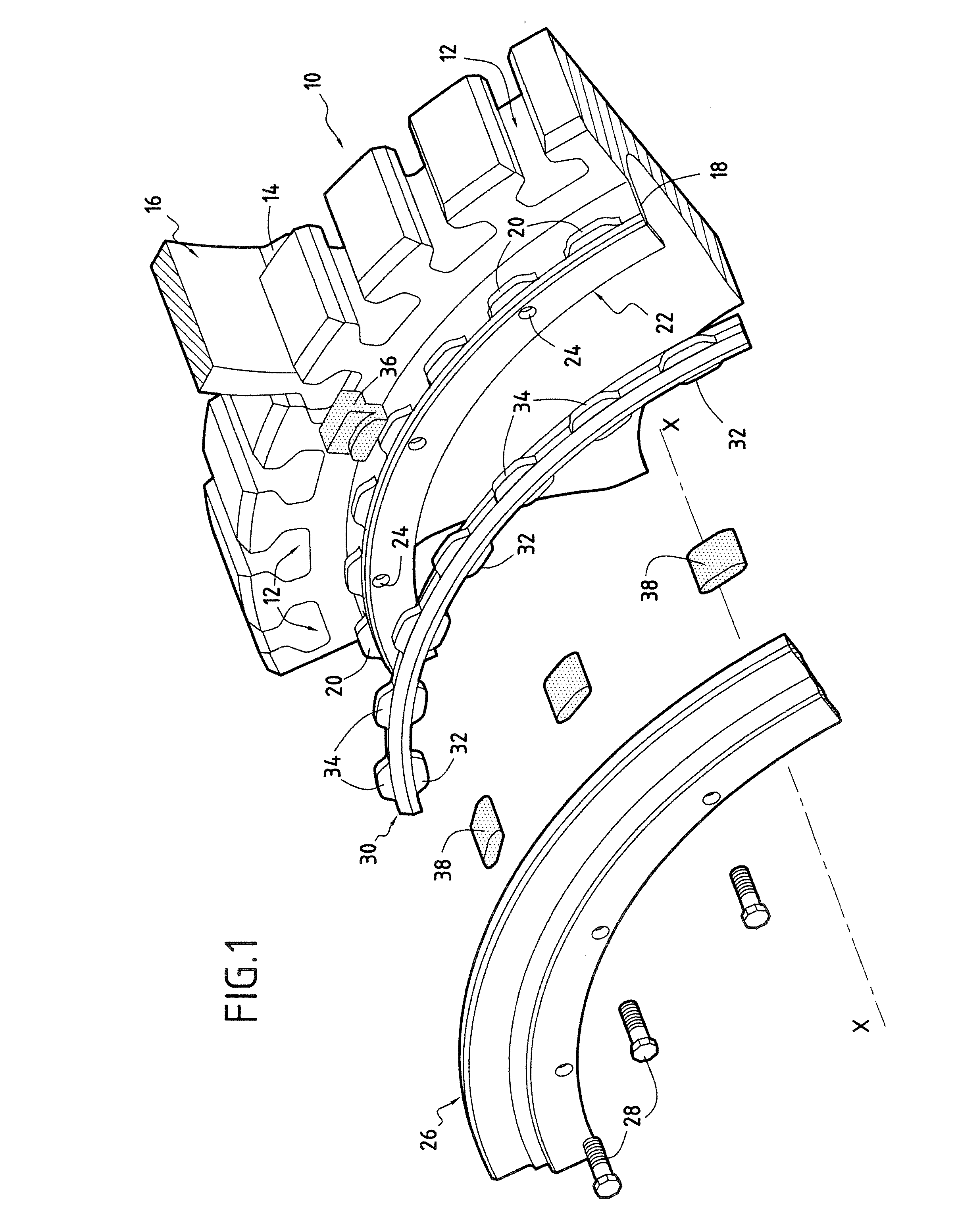 A device for damping vibration of a ring for axially retaining turbomachine fan blades