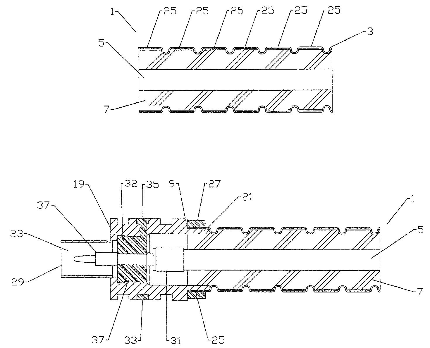 Connector and coaxial cable with outer conductor cylindrical section axial compression connection