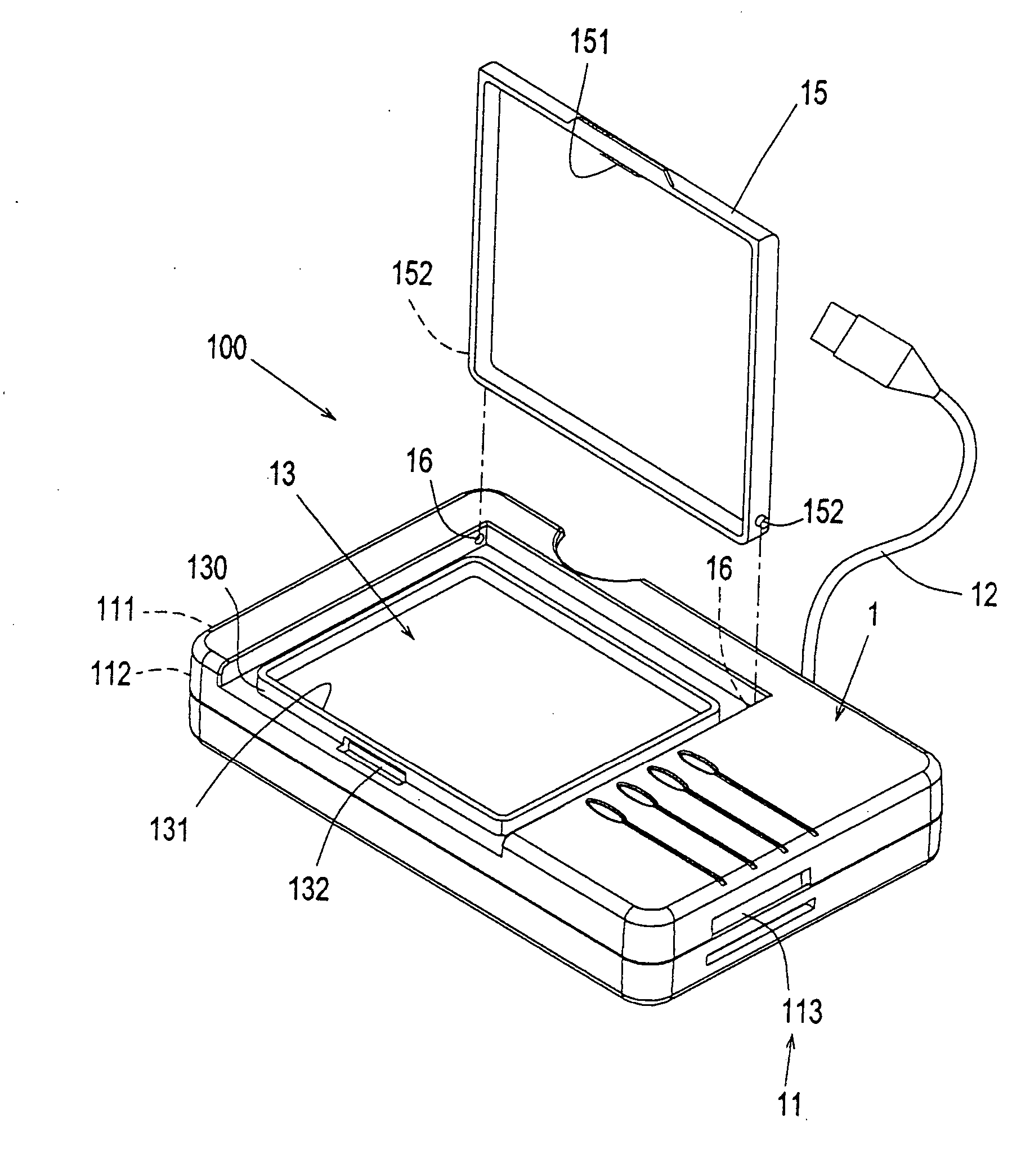 Memory card reader with a chamber for receiving memory card(s)