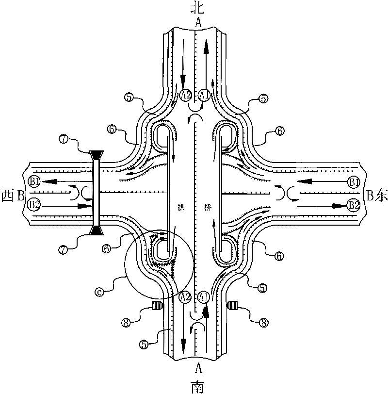 Tunnel concave bridge of traffic pivot system for the concurrent free flow of sixteen routes at cross road