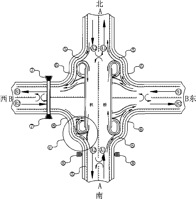 Tunnel concave bridge of traffic pivot system for the concurrent free flow of sixteen routes at cross road