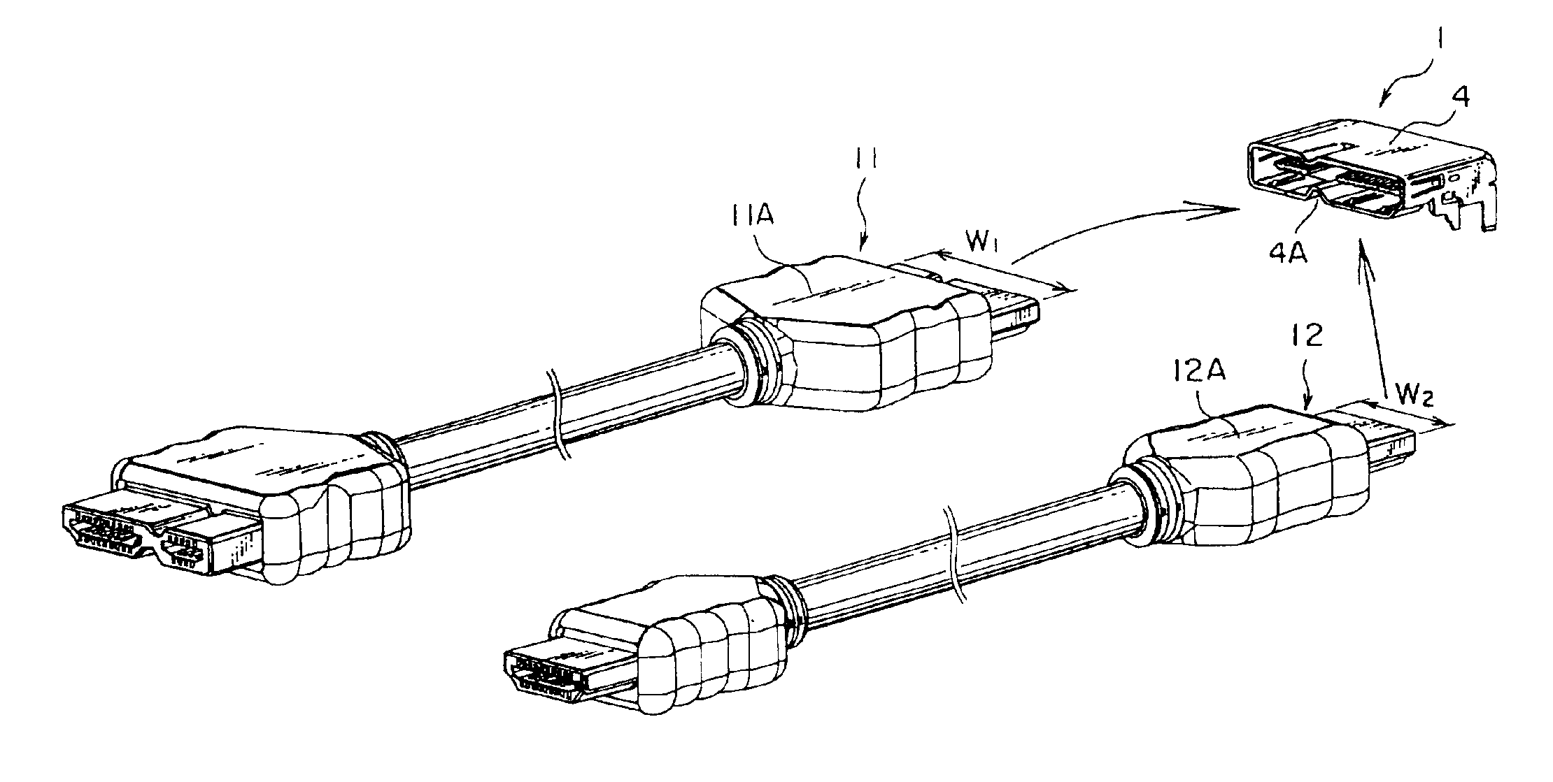 Connector for plural mating connectors having different shapes of interfaces