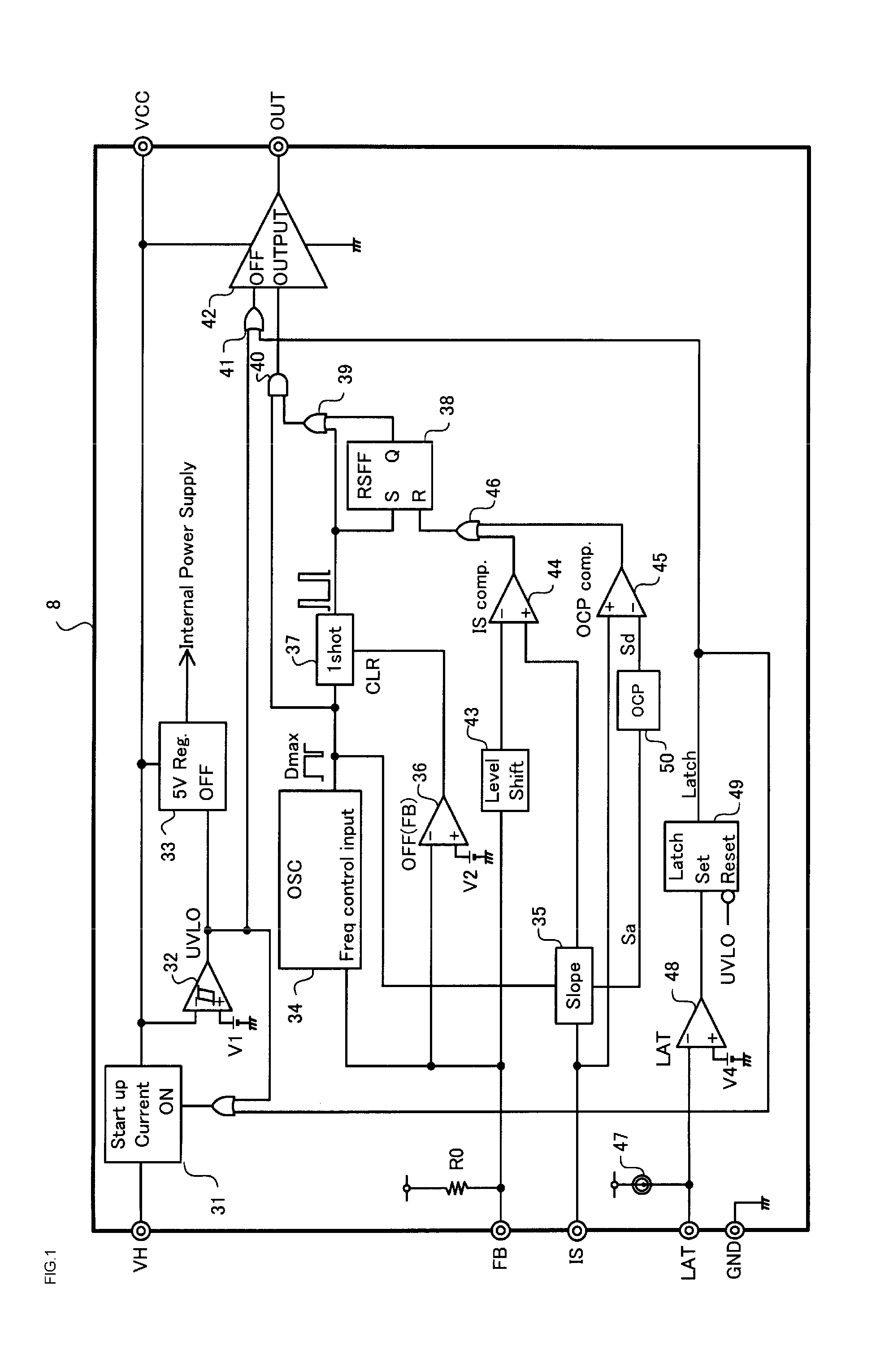 Switching power supply device control circuit having an overcurrent protection control circuit