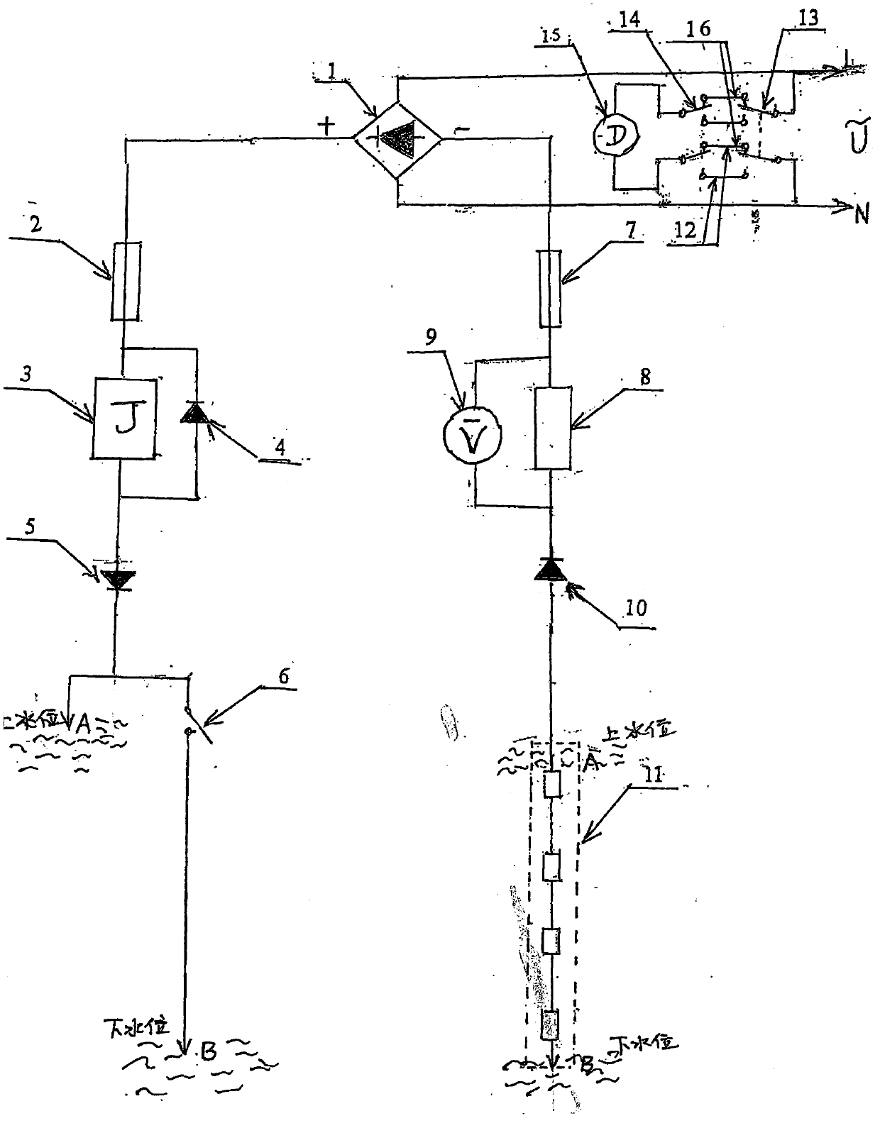Household water supply and drainage control and voltage type water level display