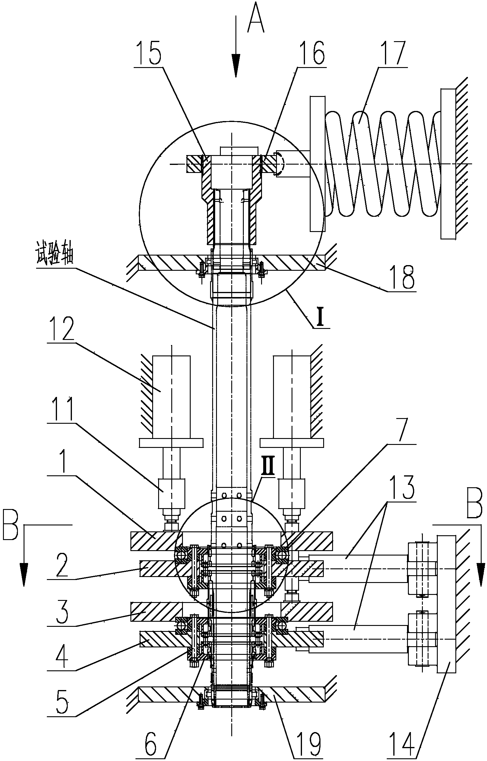 Shaft testing device capable of exerting two-stage combined tension-torsion loading simultaneously