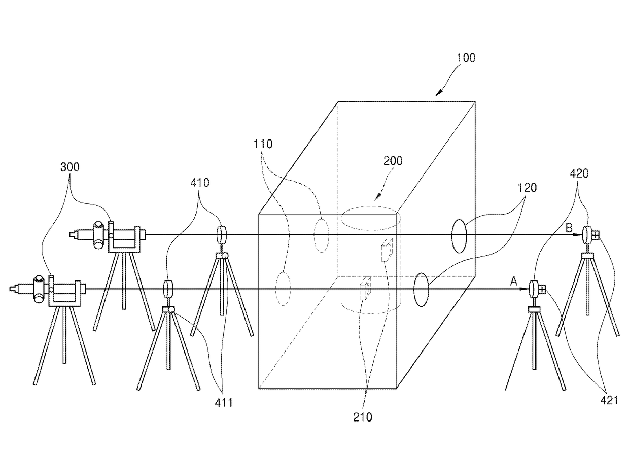 System for measuring displacement of accelerating tube in high-vacuum chamber by using micro-alignment telescope and method thereof